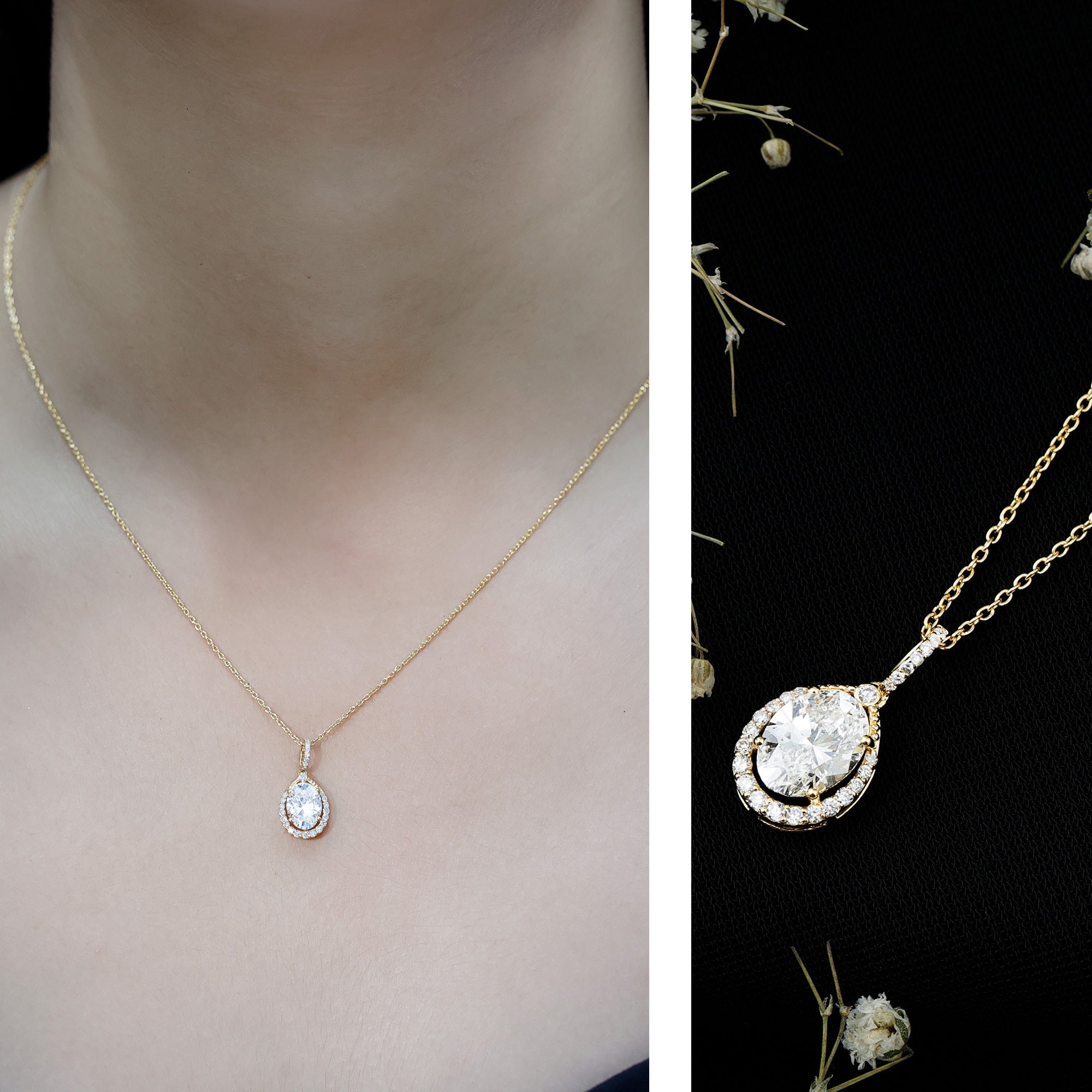 6X8 MM Oval Lab Grown Diamond Teardrop Halo Necklace For Women Lab - ( EF-VS ) - Rosec Jewels