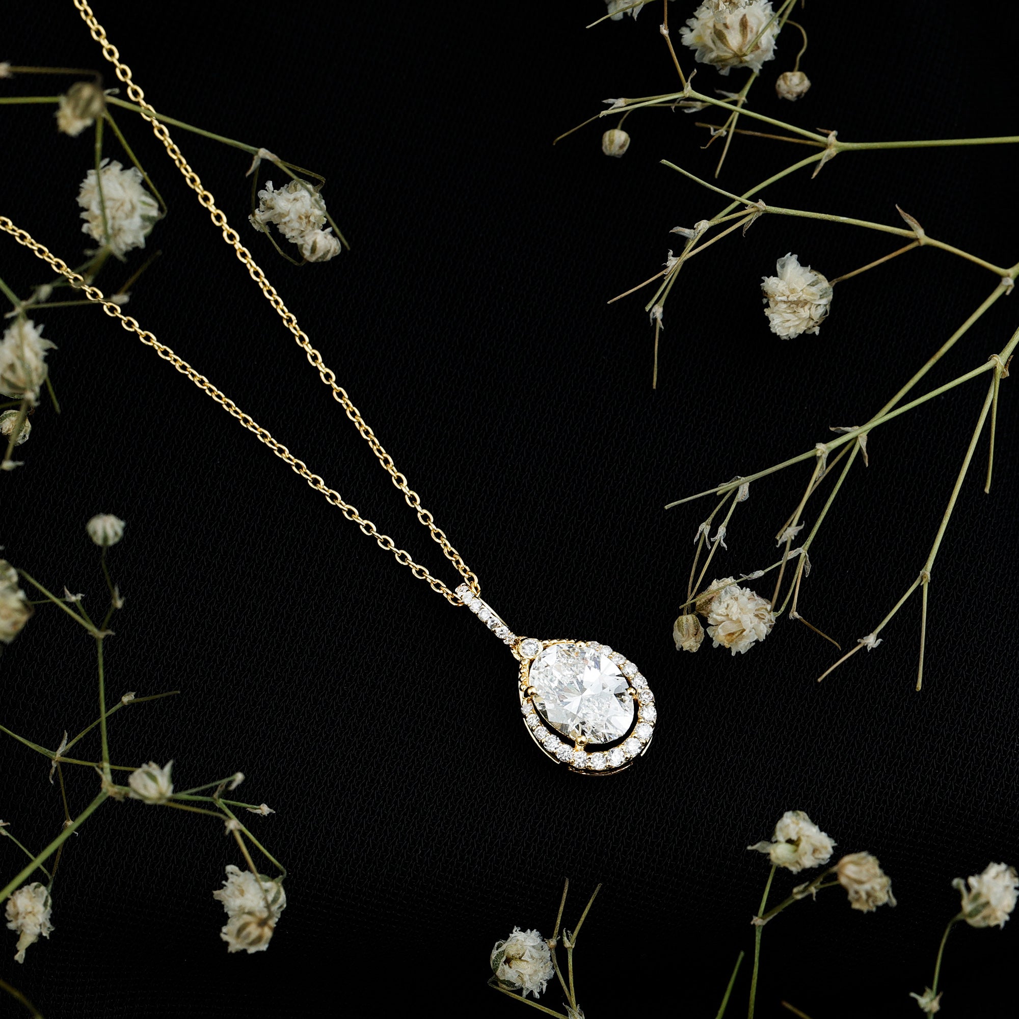 6X8 MM Oval Lab Grown Diamond Teardrop Halo Necklace For Women Lab - ( EF-VS ) - Rosec Jewels