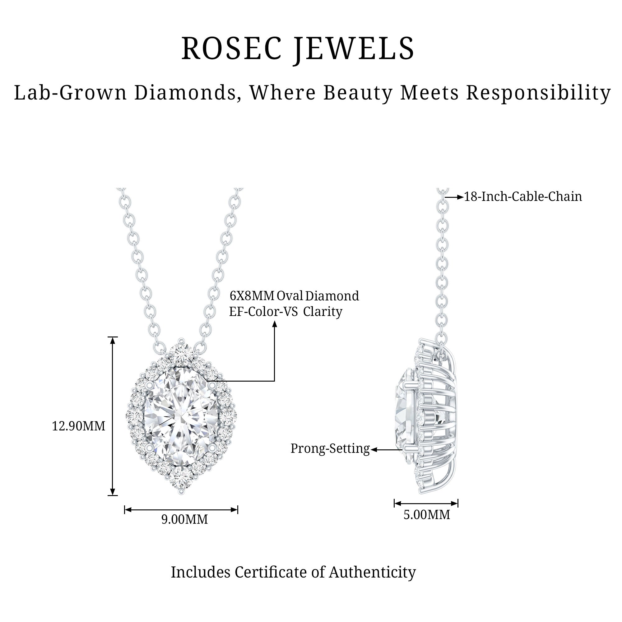 6X8 MM Oval Shaped Lab Grown Diamond Wedding Necklace With Halo Lab - ( EF-VS ) - Rosec Jewels