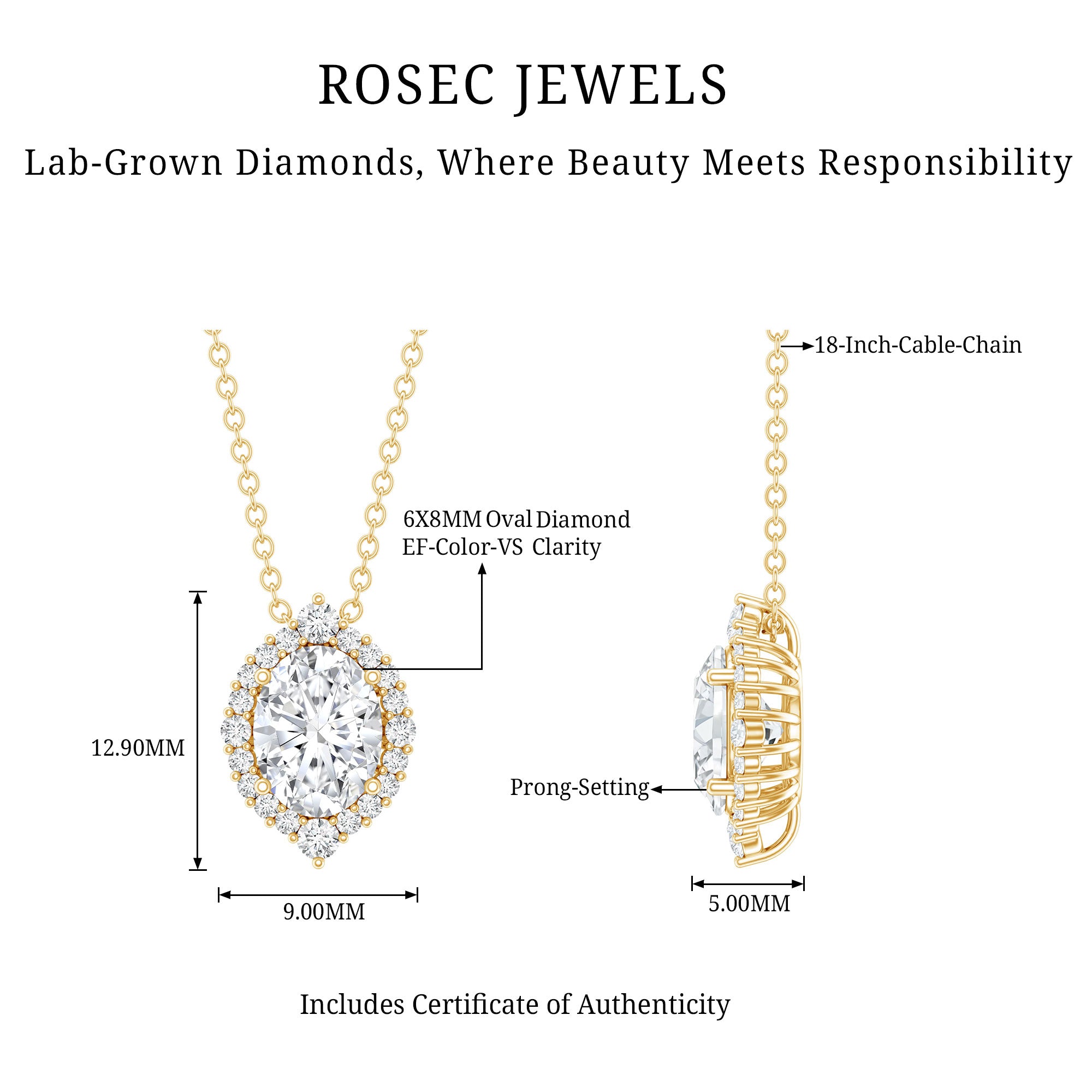 6X8 MM Oval Shaped Lab Grown Diamond Wedding Necklace With Halo Lab - ( EF-VS ) - Rosec Jewels