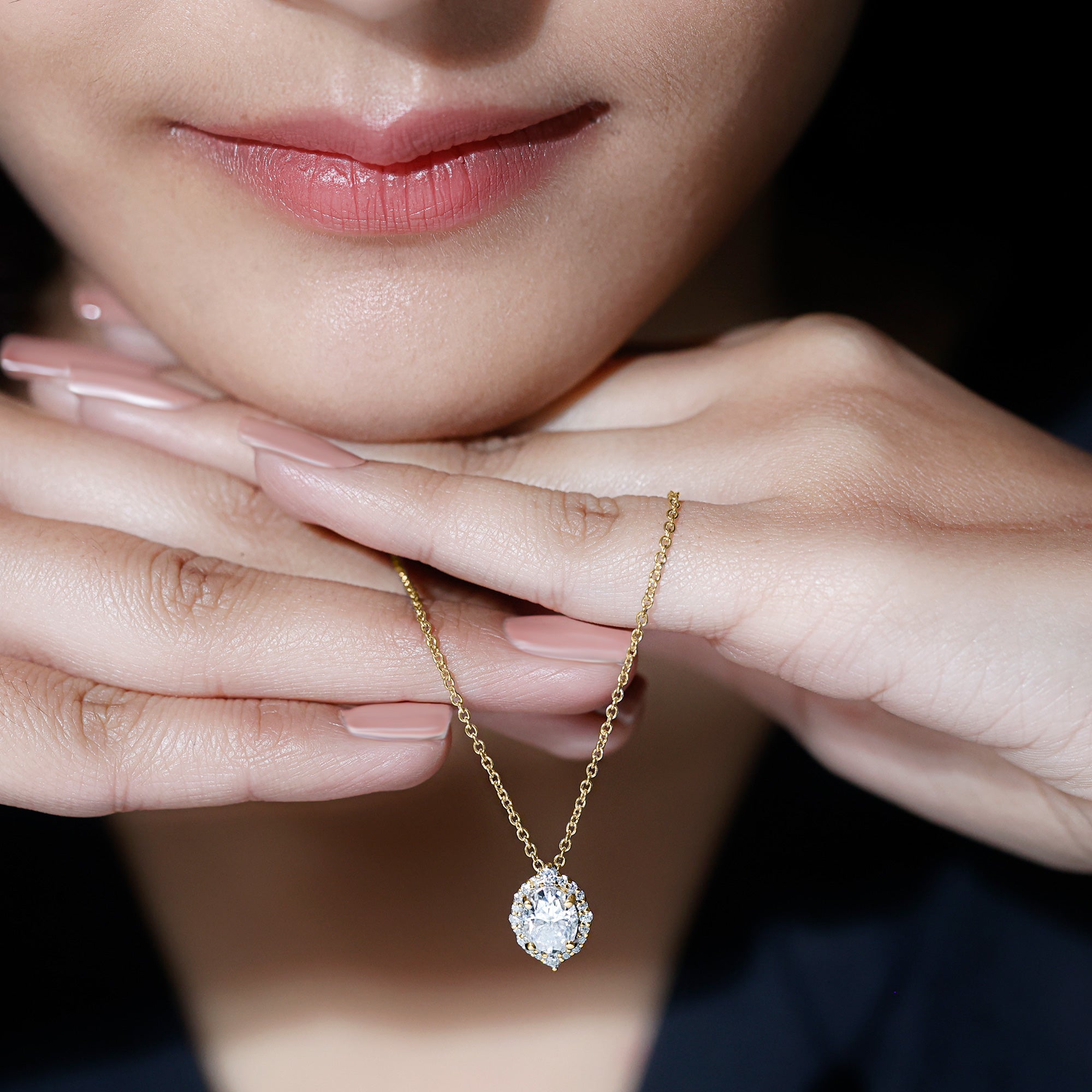 6X8 MM Oval Shaped Lab Grown Diamond Wedding Necklace With Halo Lab - ( EF-VS ) - Rosec Jewels