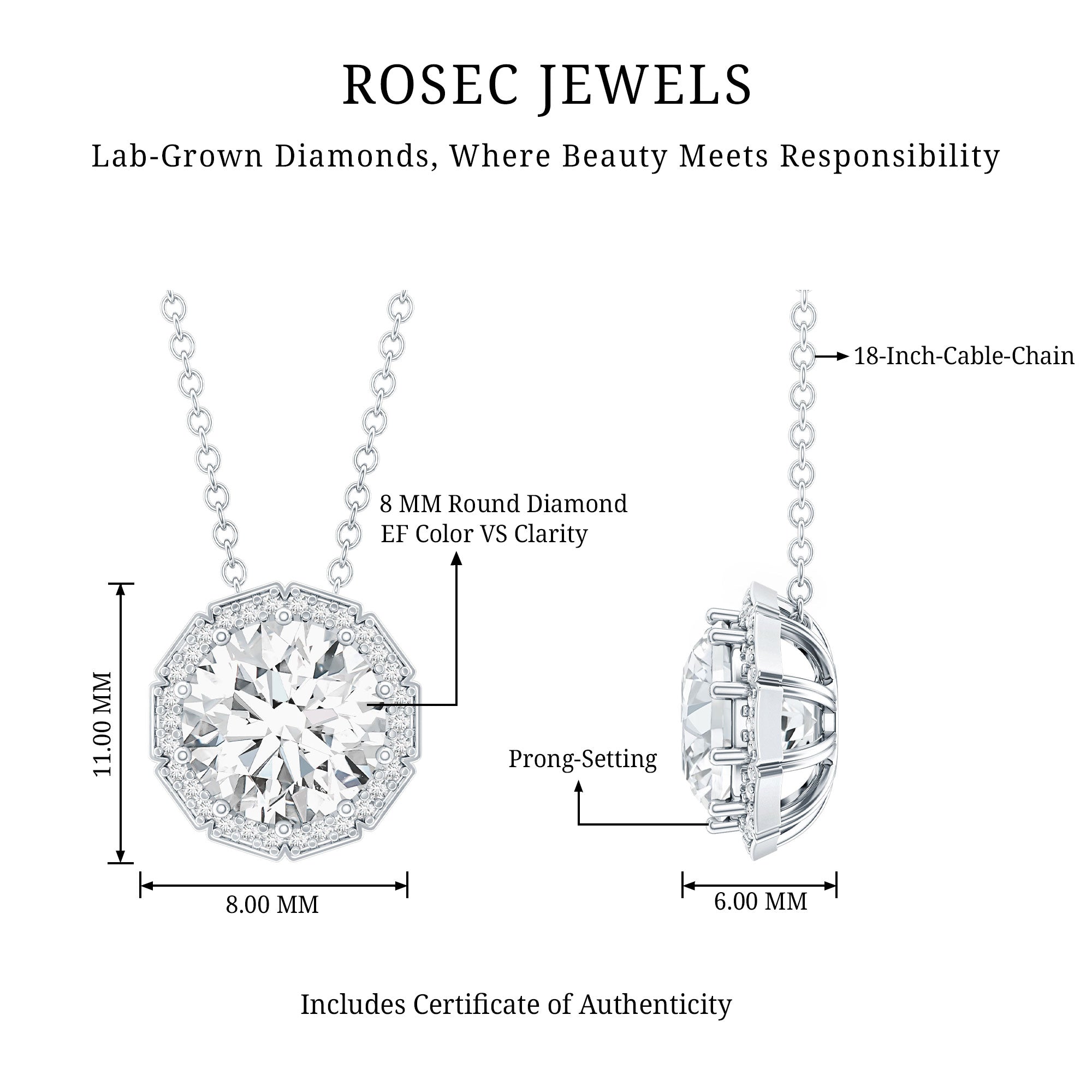 Certified 8 MM Circle Lab Grown Diamond Necklace With Halo Lab - ( EF-VS ) - Rosec Jewels