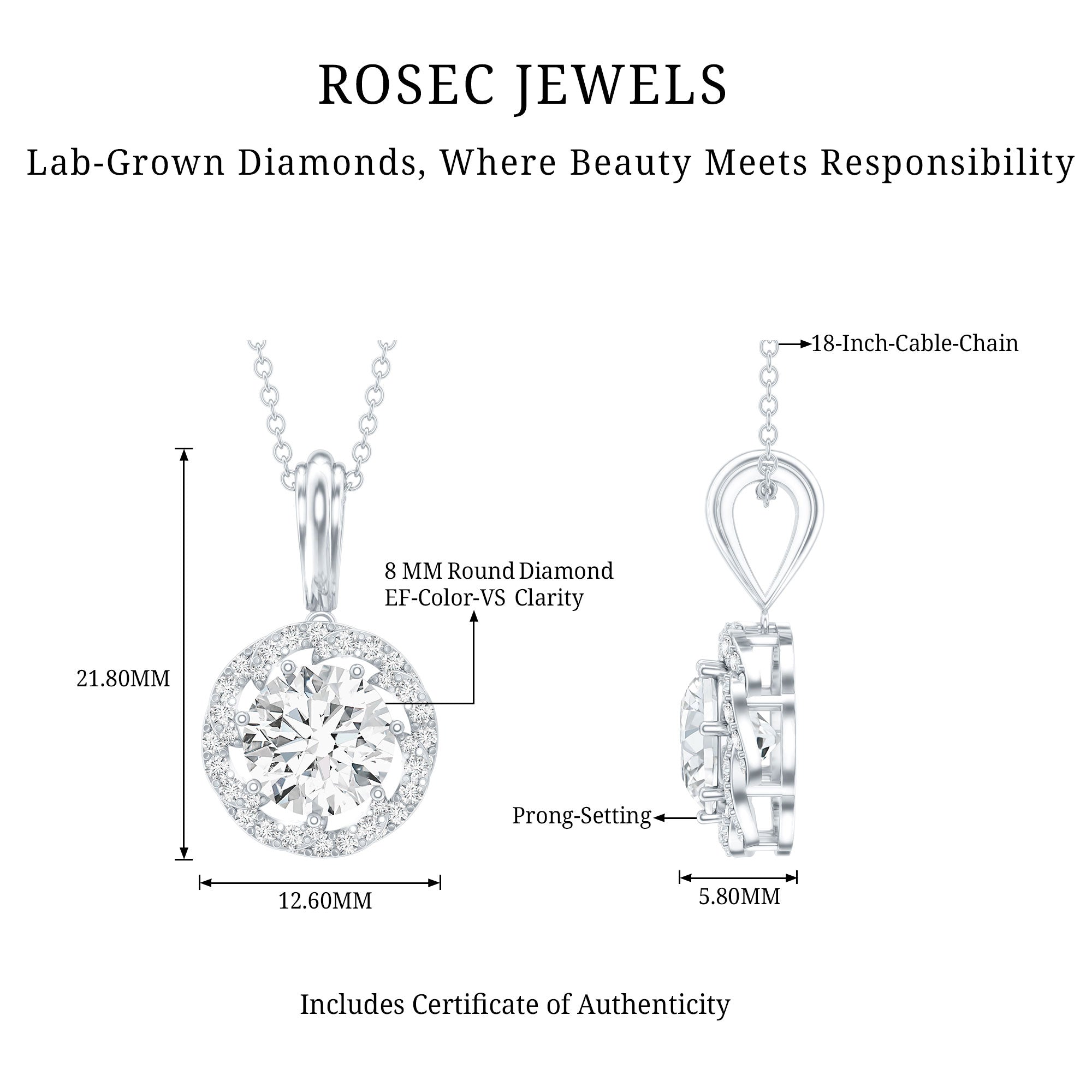 Certified 8 MM Lab Grown Diamond Halo Necklace Lab - ( EF-VS ) - Rosec Jewels