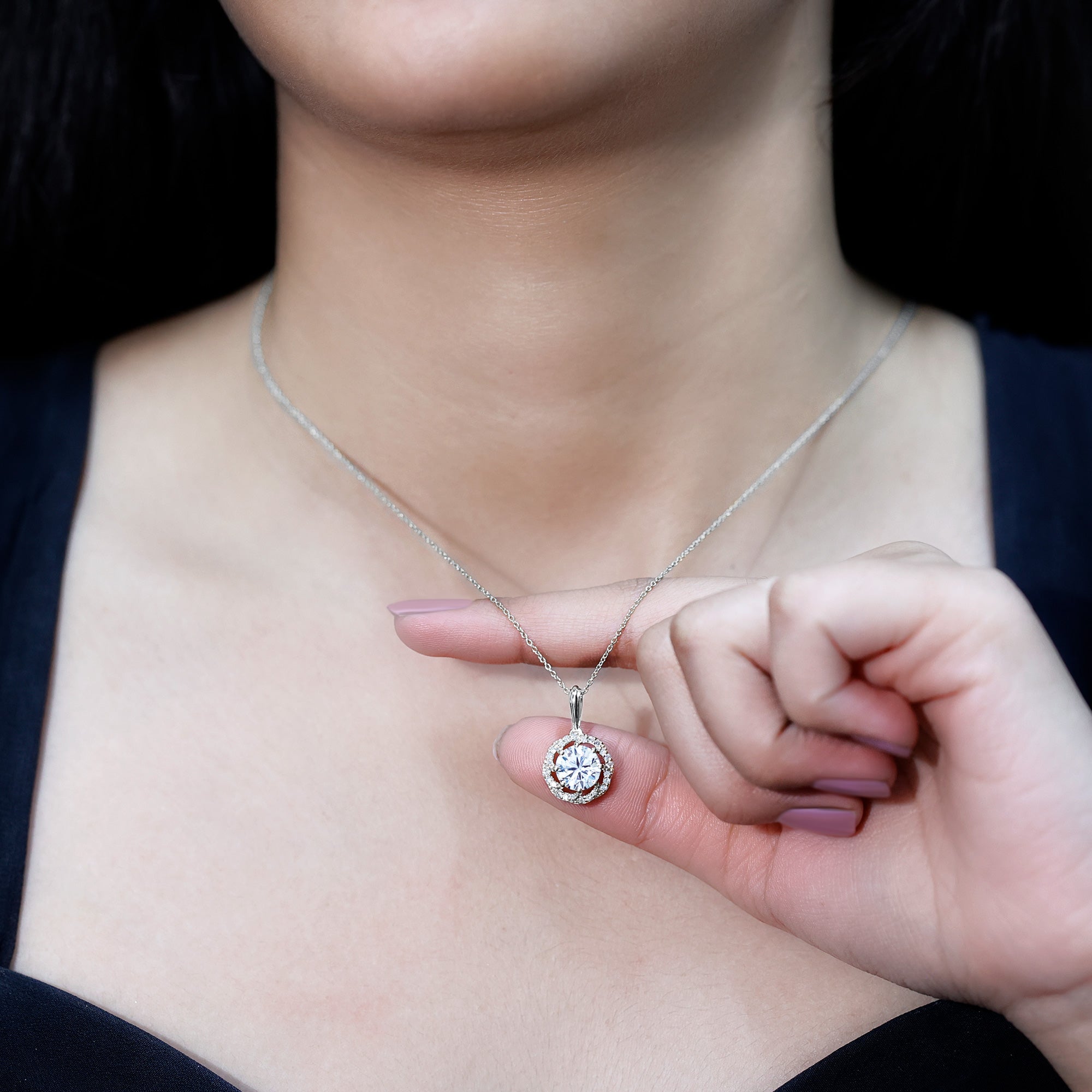 Certified 8 MM Lab Grown Diamond Halo Necklace Lab - ( EF-VS ) - Rosec Jewels