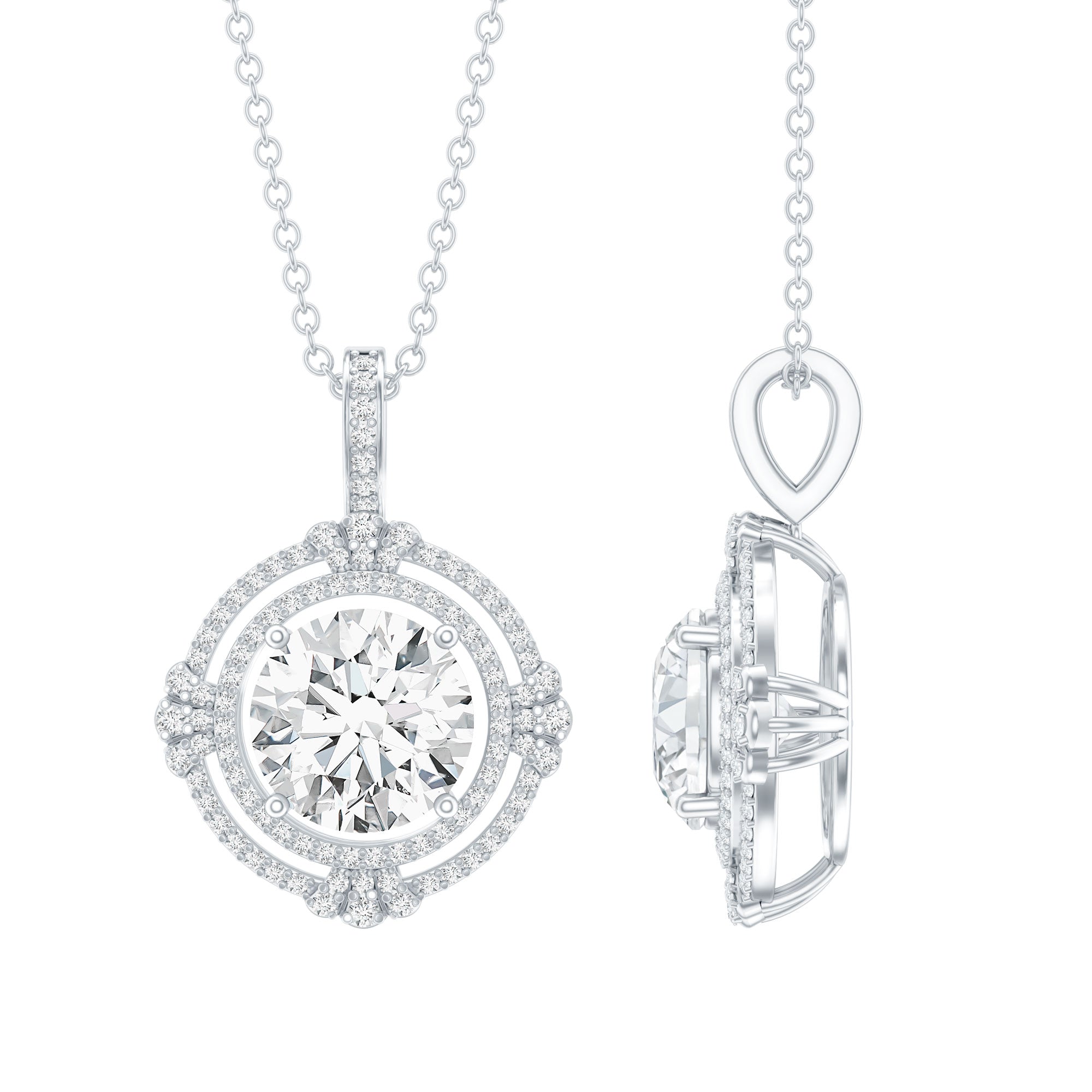 2 Carat Lab Grown Diamond Double Halo Necklace With Decorated Bail Lab - ( EF-VS ) - Rosec Jewels
