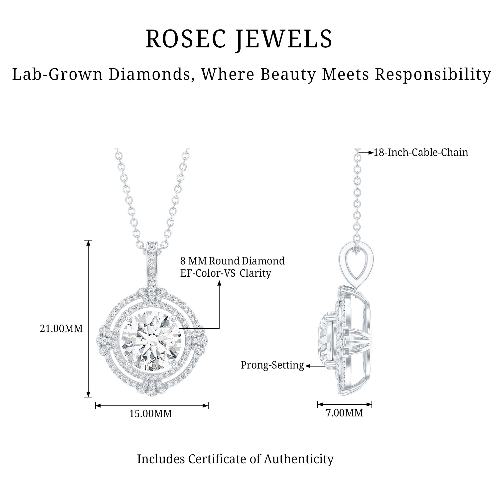 2 Carat Lab Grown Diamond Double Halo Necklace With Decorated Bail Lab - ( EF-VS ) - Rosec Jewels