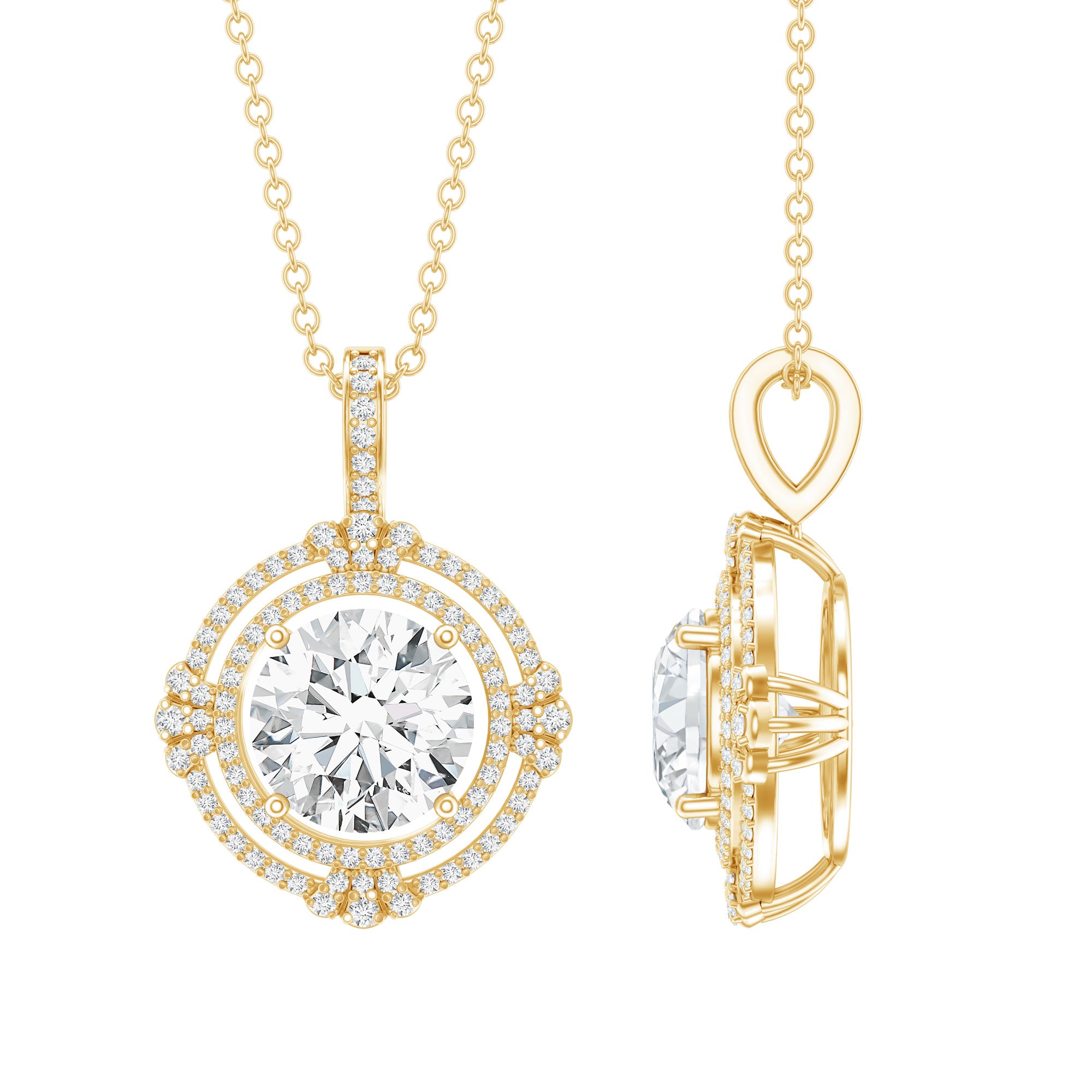 2 Carat Lab Grown Diamond Double Halo Necklace With Decorated Bail Lab - ( EF-VS ) - Rosec Jewels
