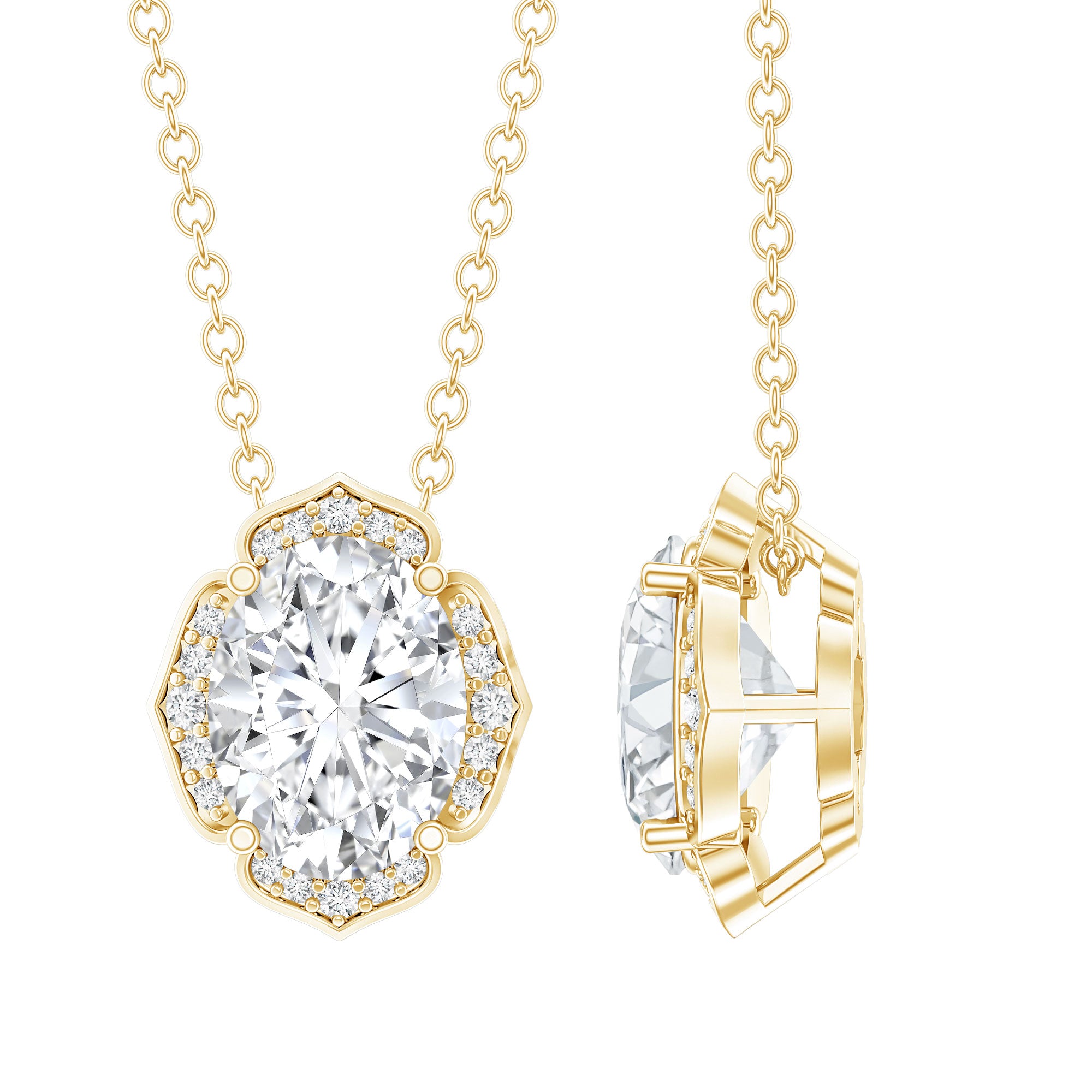6X8 MM Oval Shape Lab Grown Diamond Vintage Flower Necklace Lab - ( EF-VS ) - Rosec Jewels