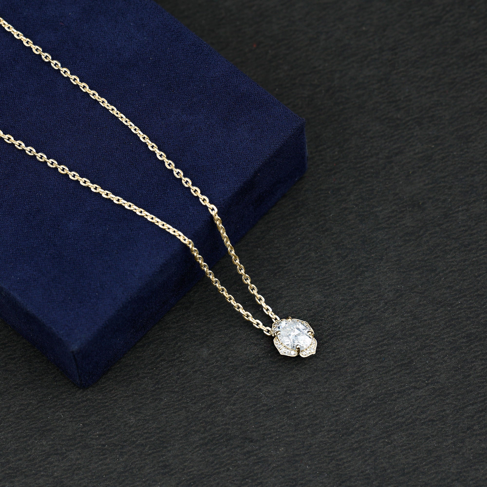 6X8 MM Oval Shape Lab Grown Diamond Vintage Flower Necklace Lab - ( EF-VS ) - Rosec Jewels