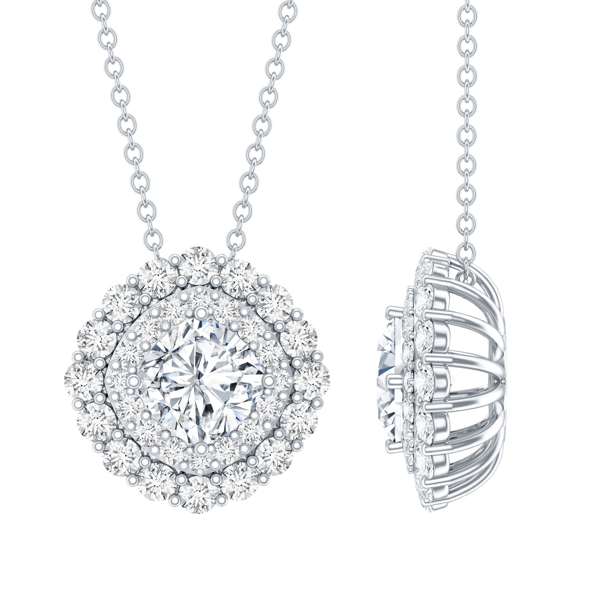Lab Grown Round Diamond Double Halo Bridal Necklace With Accent Lab - ( EF-VS ) - Rosec Jewels