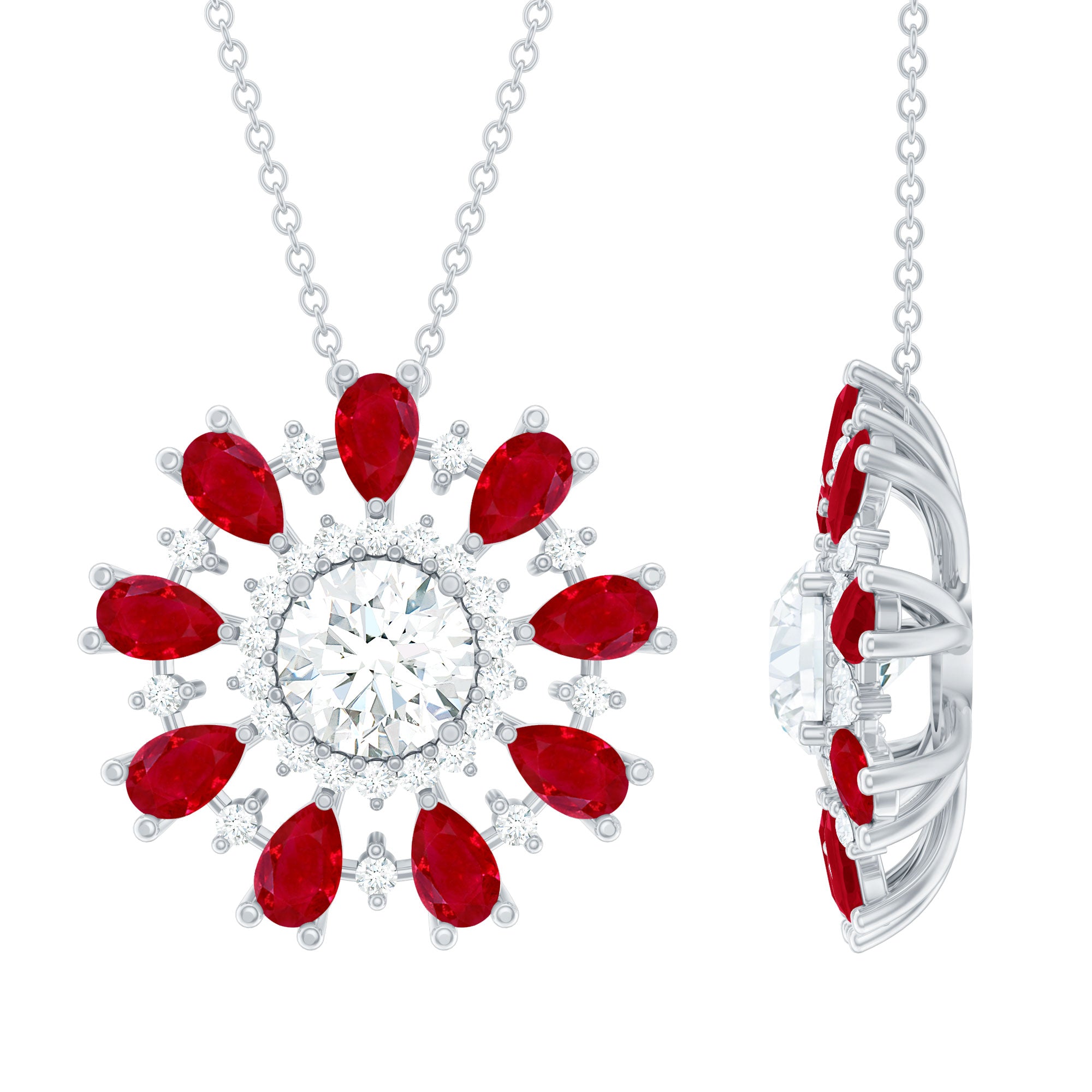 7 MM Lab Grown Diamond Flower Statement Necklace with Ruby