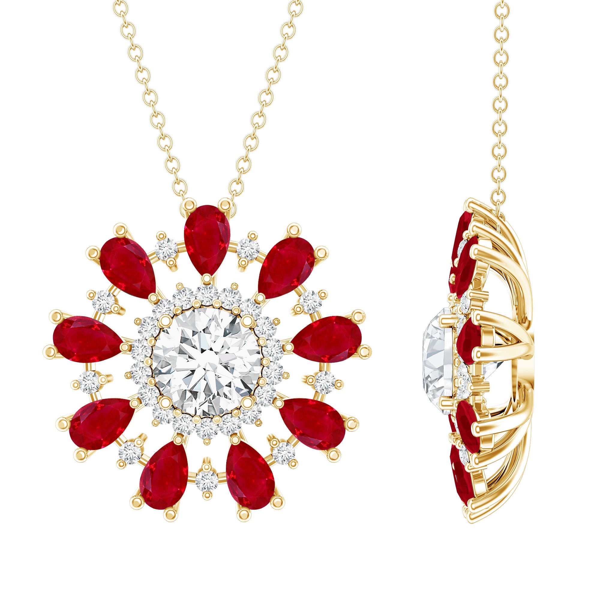 7 MM Lab Grown Diamond Flower Statement Necklace with Ruby Lab - ( EF-VS ) - Rosec Jewels