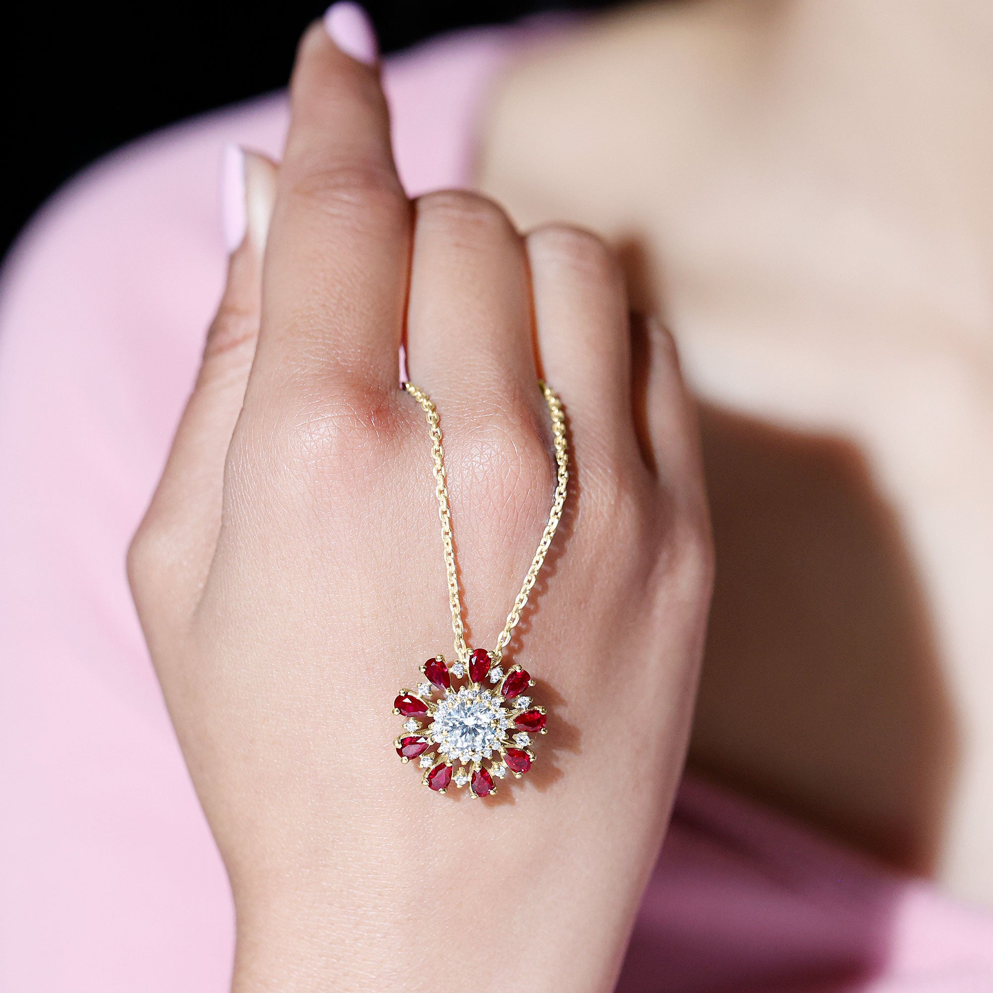 7 MM Lab Grown Diamond Flower Statement Necklace with Ruby Lab - ( EF-VS ) - Rosec Jewels