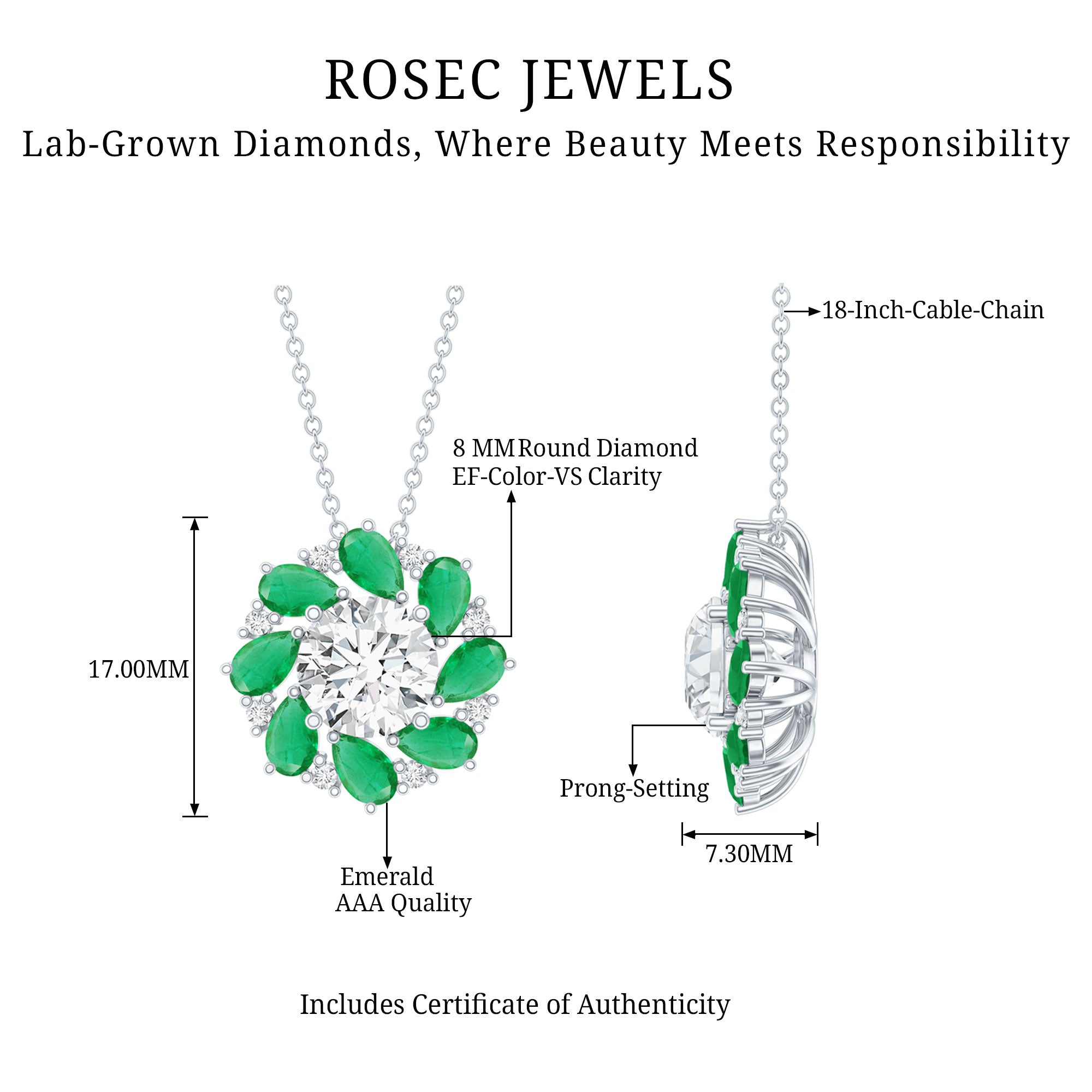 2 Carat Lab Grown Diamond Emerald Flower Bridal Necklace Lab - ( EF-VS ) - Rosec Jewels