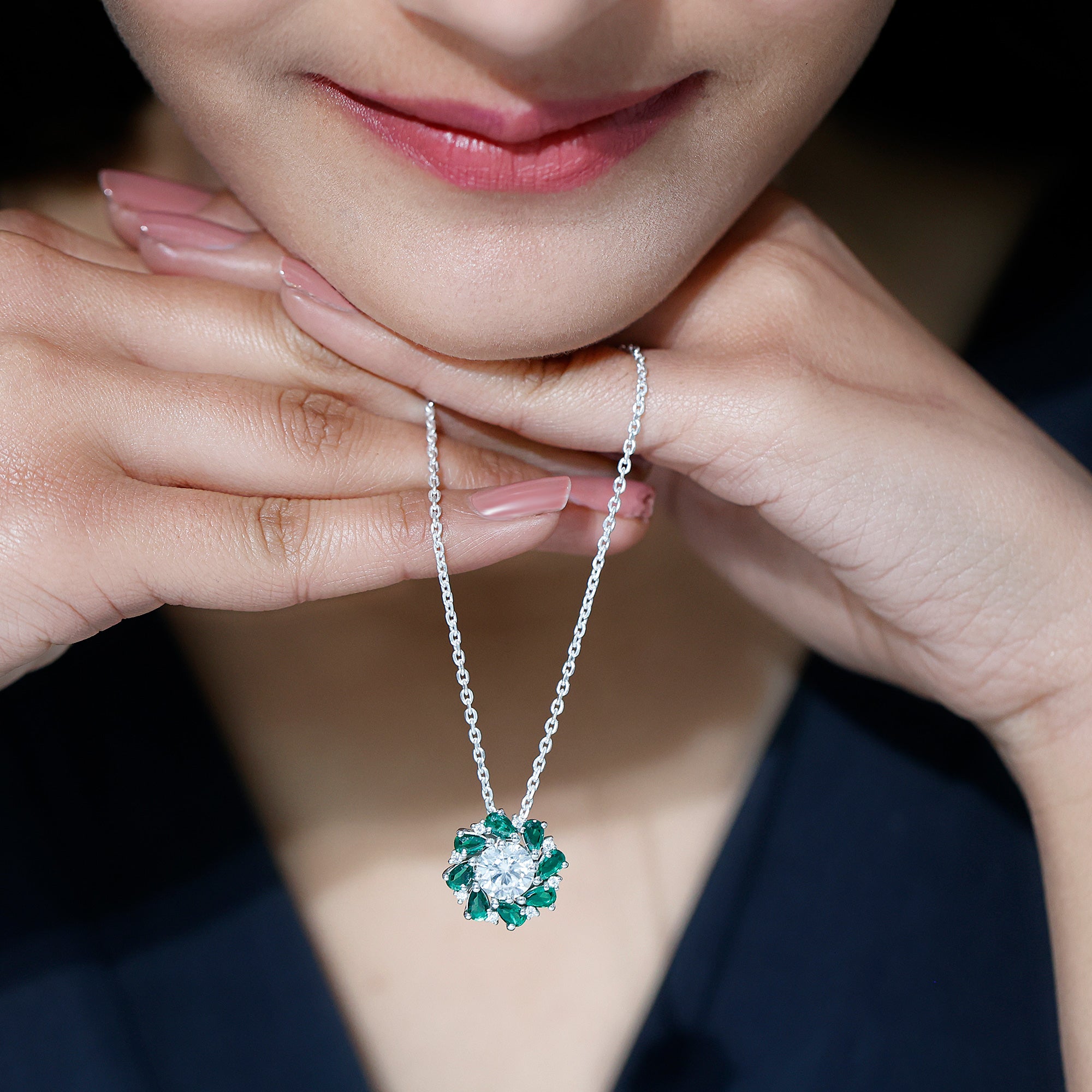 2 Carat Lab Grown Diamond Emerald Flower Bridal Necklace Lab - ( EF-VS ) - Rosec Jewels