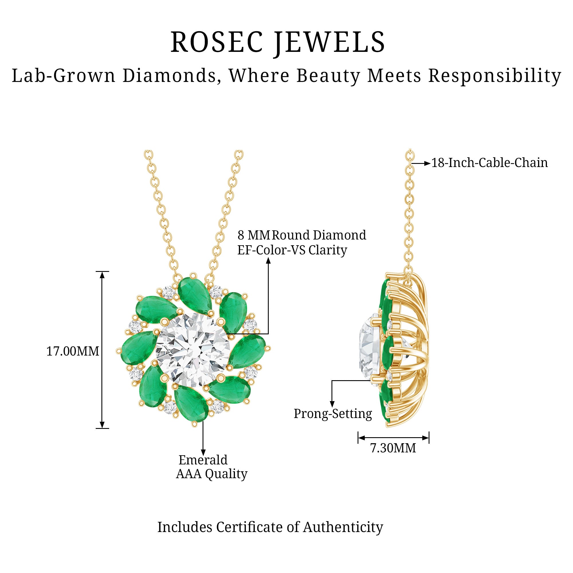 2 Carat Lab Grown Diamond Emerald Flower Bridal Necklace Lab - ( EF-VS ) - Rosec Jewels
