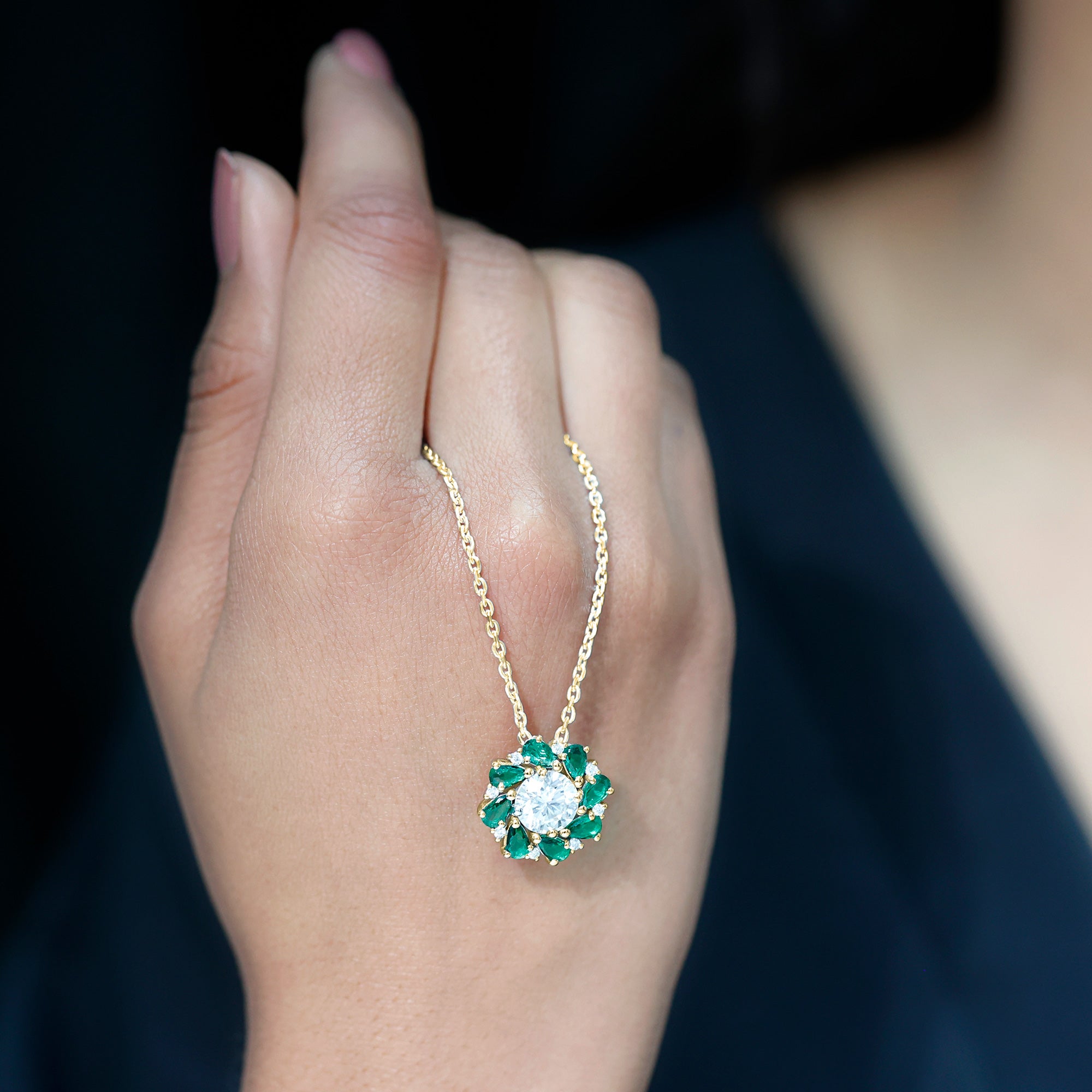 2 Carat Lab Grown Diamond Emerald Flower Bridal Necklace Lab - ( EF-VS ) - Rosec Jewels