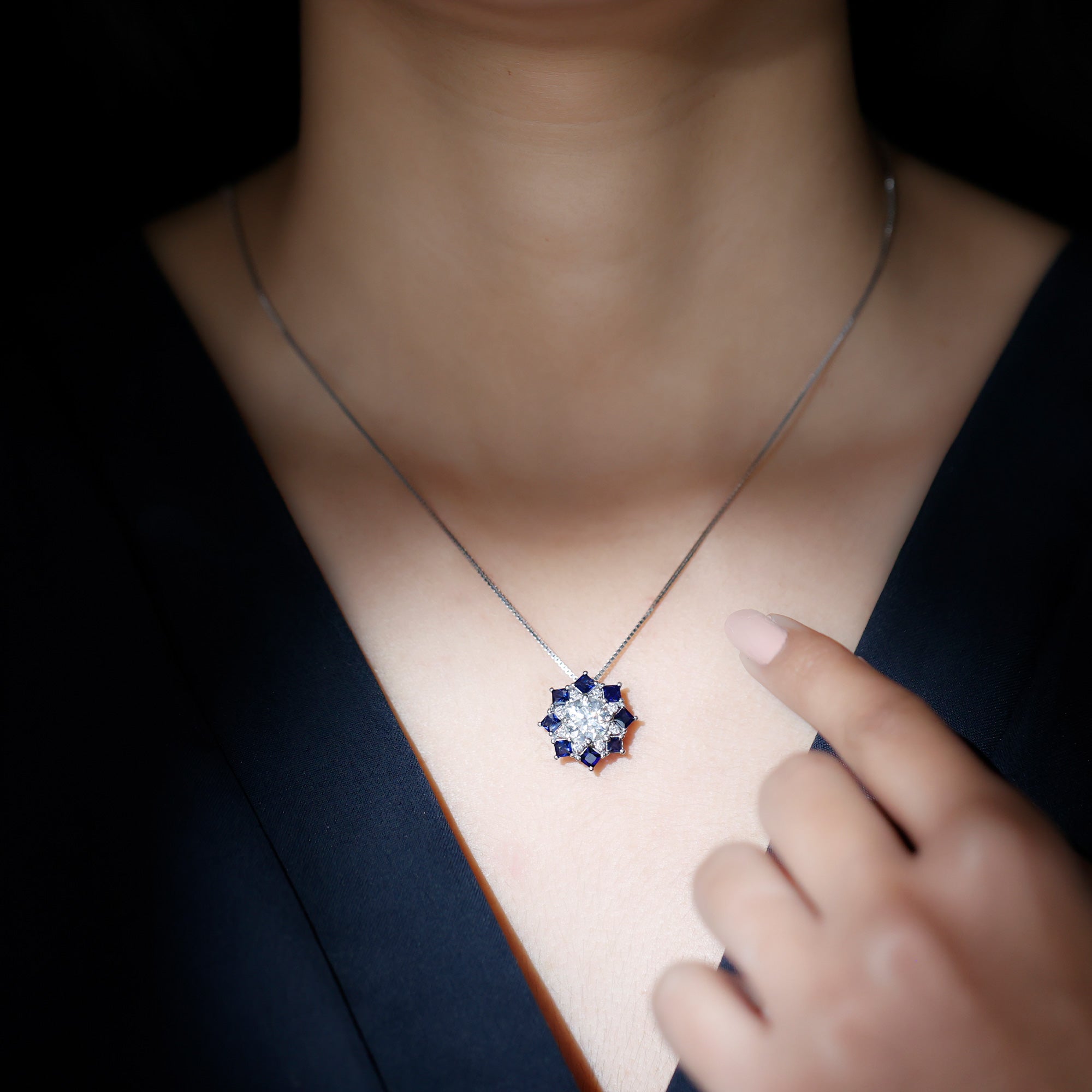 Lab Grown Diamond Art Deco Necklace With Blue Sapphire Lab - ( EF-VS ) - Rosec Jewels