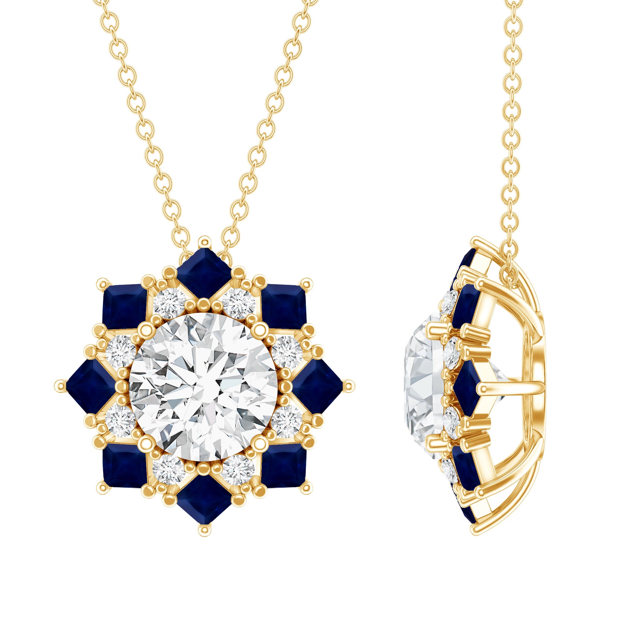 Lab Grown Diamond Art Deco Necklace With Blue Sapphire Lab - ( EF-VS ) - Rosec Jewels