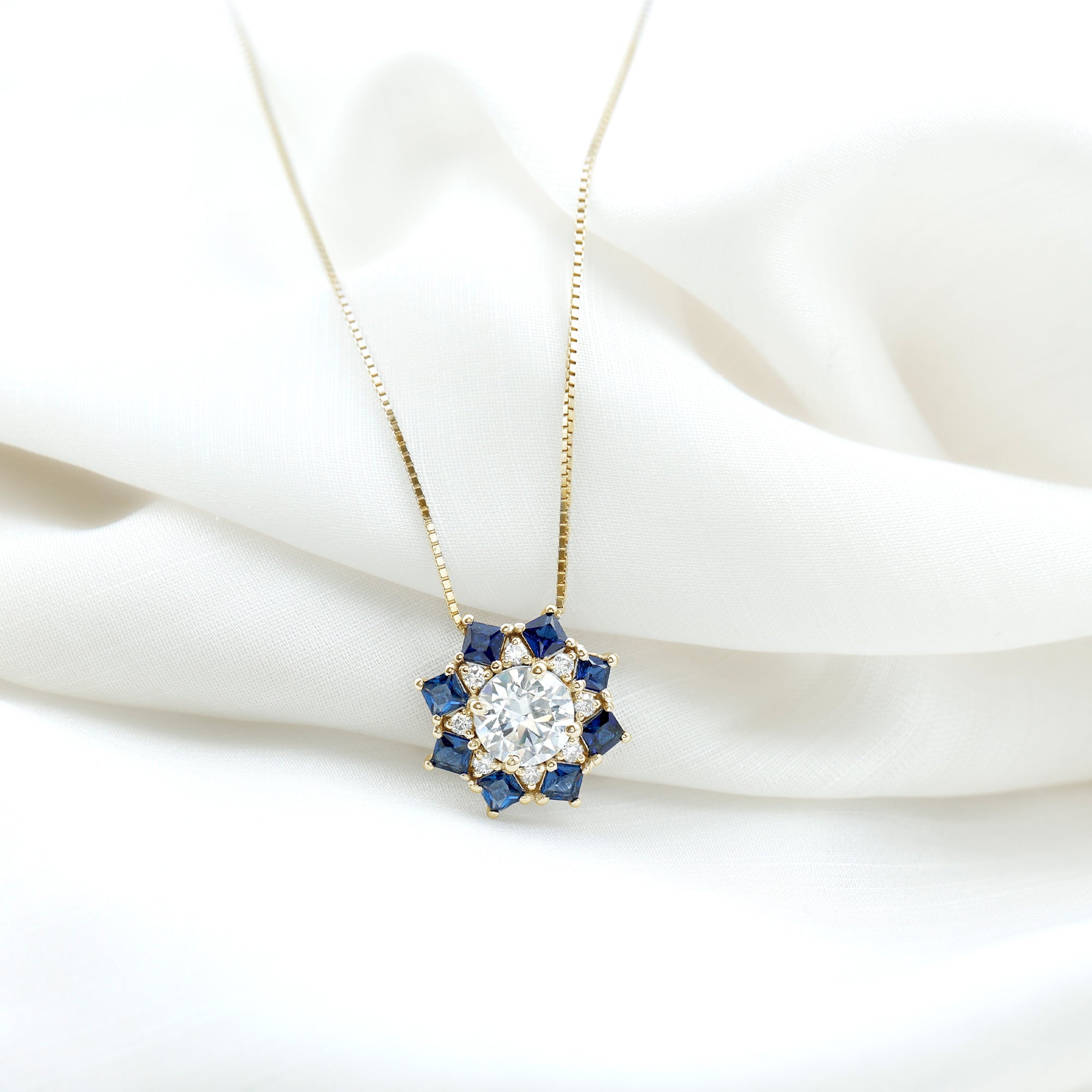 Lab Grown Diamond Art Deco Necklace With Blue Sapphire Lab - ( EF-VS ) - Rosec Jewels