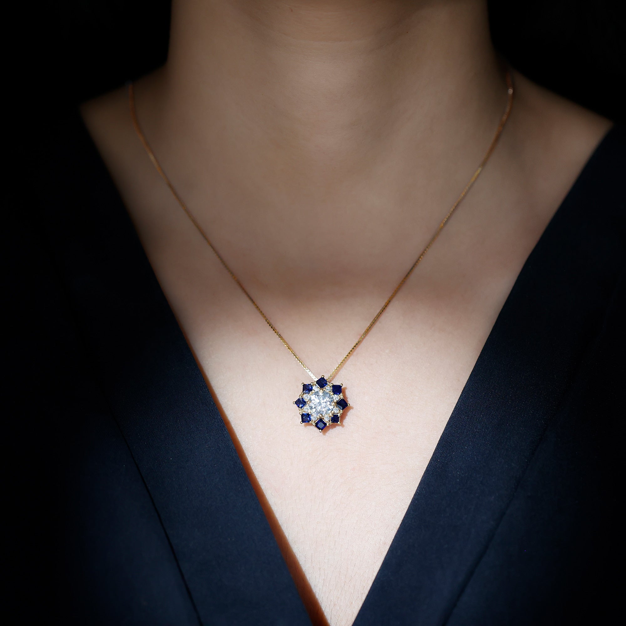 Lab Grown Diamond Art Deco Necklace With Blue Sapphire Lab - ( EF-VS ) - Rosec Jewels