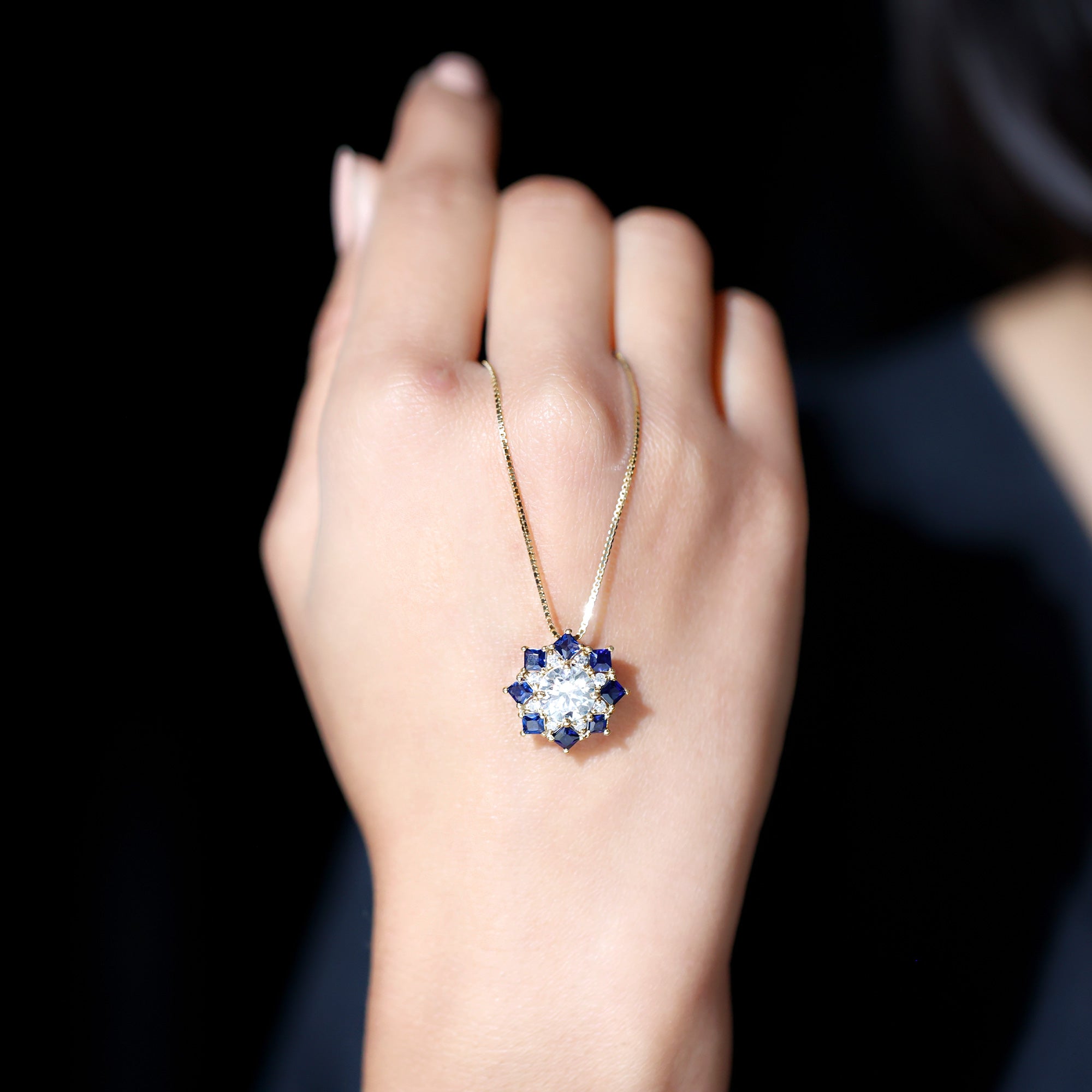 Lab Grown Diamond Art Deco Necklace With Blue Sapphire Lab - ( EF-VS ) - Rosec Jewels