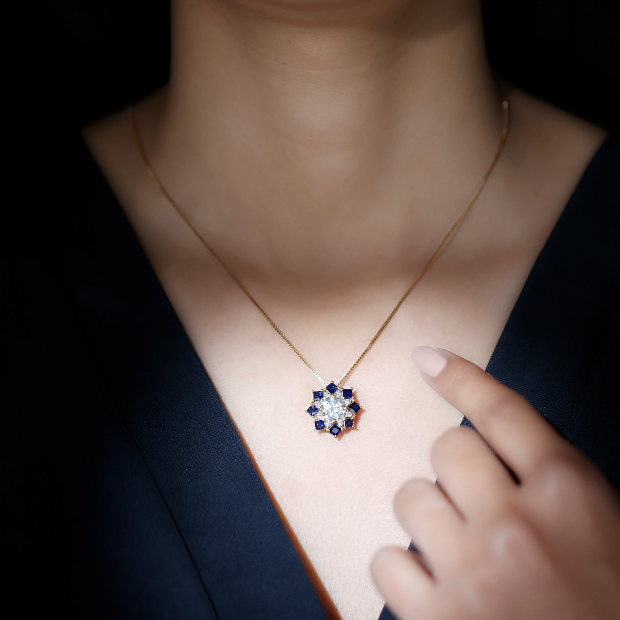 Lab Grown Diamond Art Deco Necklace With Blue Sapphire Lab - ( EF-VS ) - Rosec Jewels