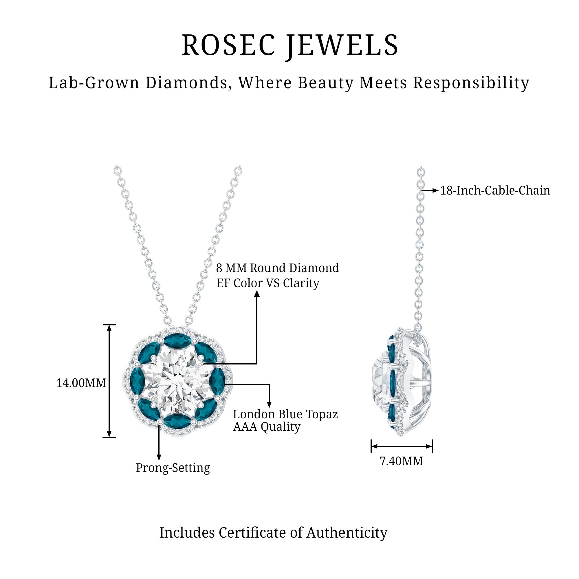 2 Carat Lab Grown Diamond Halo Necklace With London Blue Topaz Lab - ( EF-VS ) - Rosec Jewels