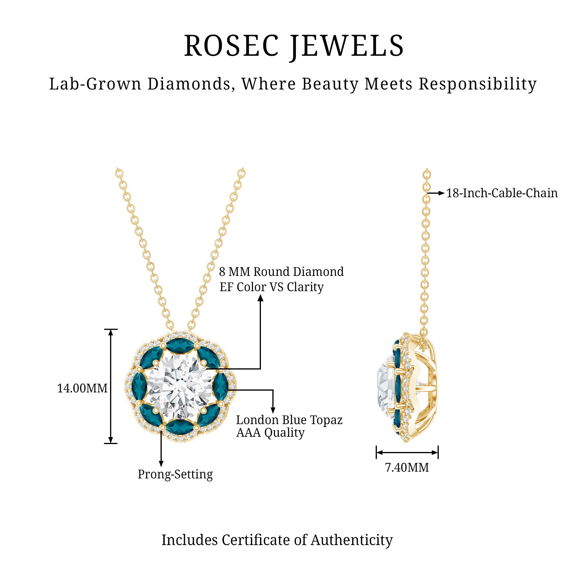 2 Carat Lab Grown Diamond Halo Necklace With London Blue Topaz Lab - ( EF-VS ) - Rosec Jewels