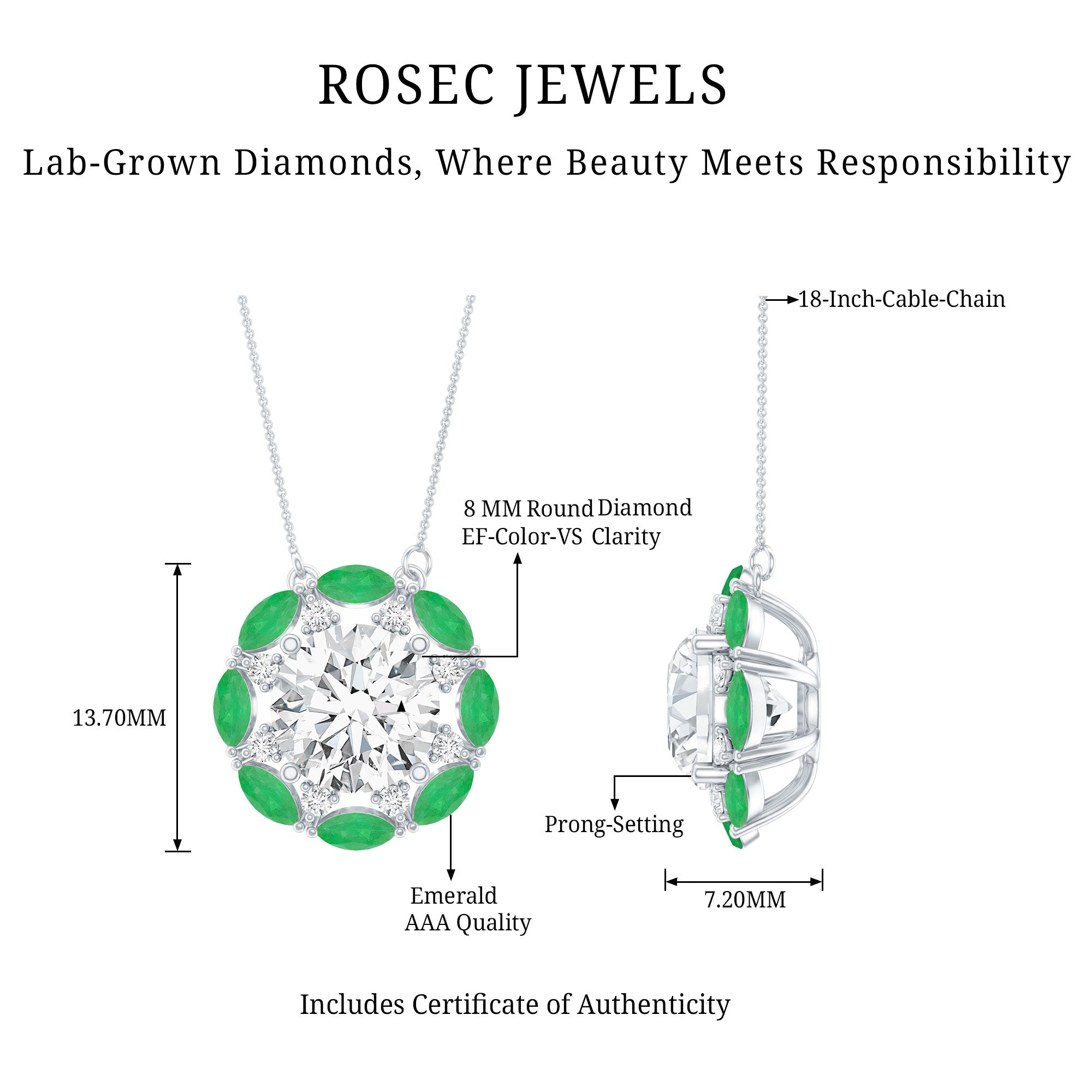 8 MM Lab Grown Diamond Bridal Necklace With Emerald Lab - ( EF-VS ) - Rosec Jewels