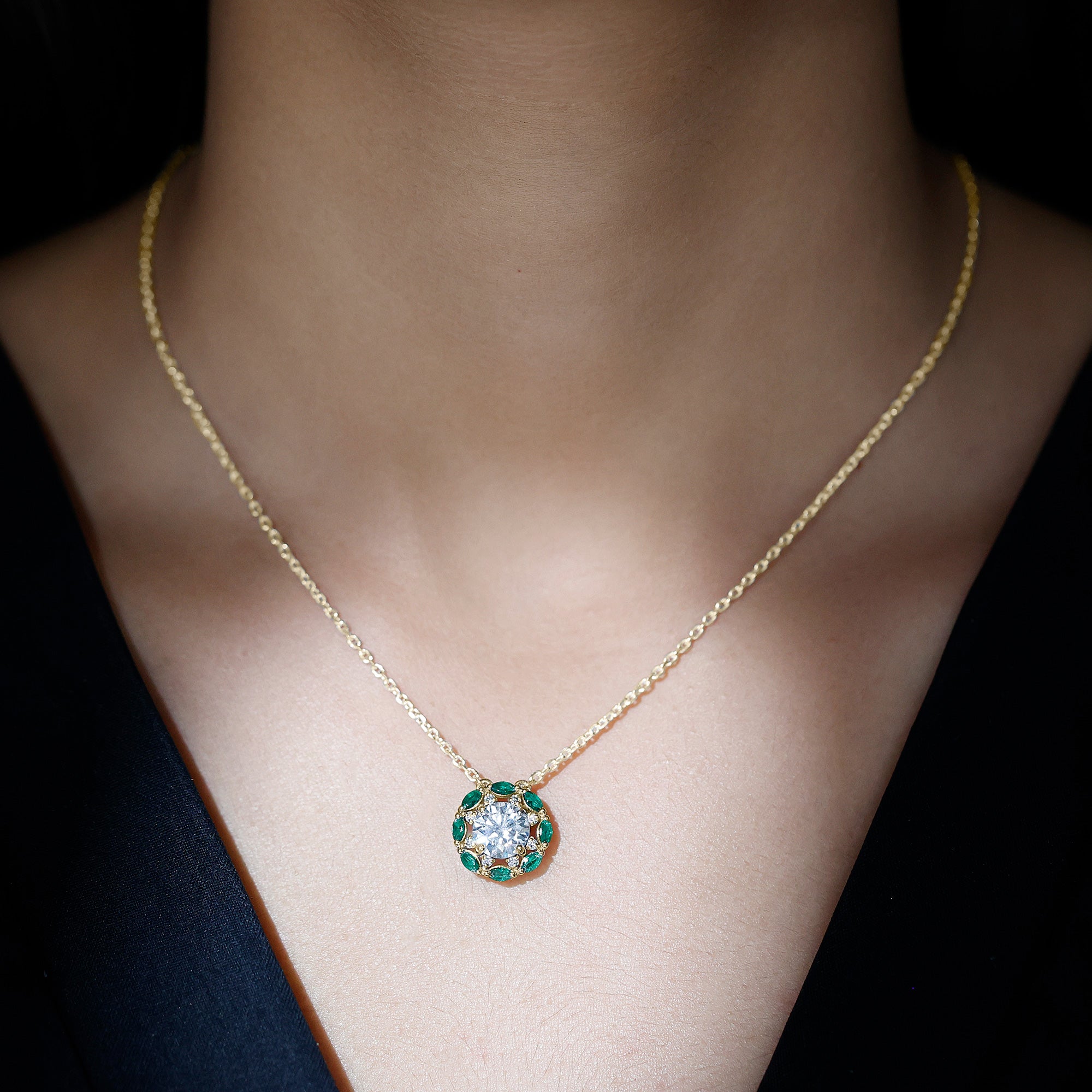 8 MM Lab Grown Diamond Bridal Necklace With Emerald Lab - ( EF-VS ) - Rosec Jewels