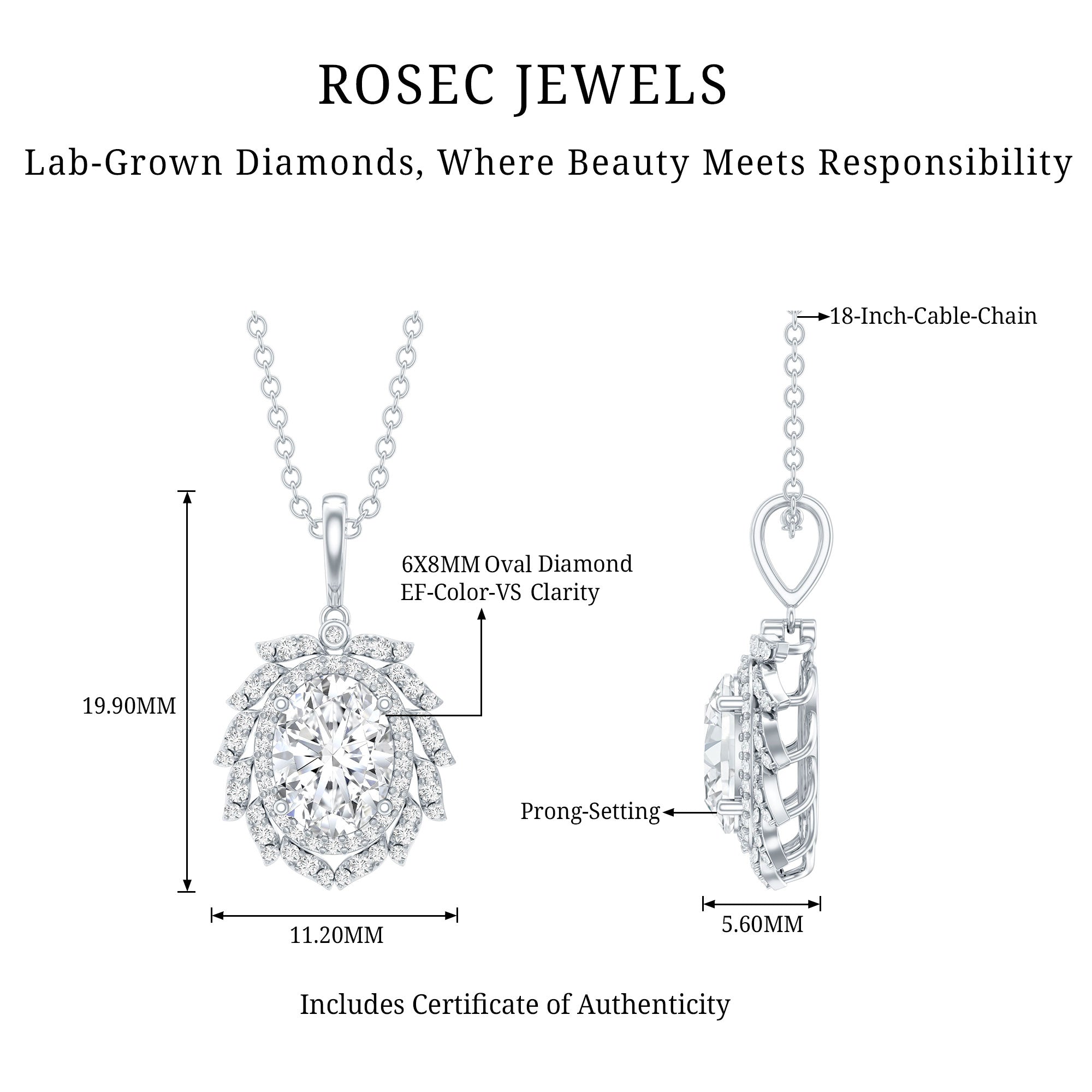 6X8 MM Oval Lab Grown Diamond Vintage Necklace With Double Halo Lab - ( EF-VS ) - Rosec Jewels