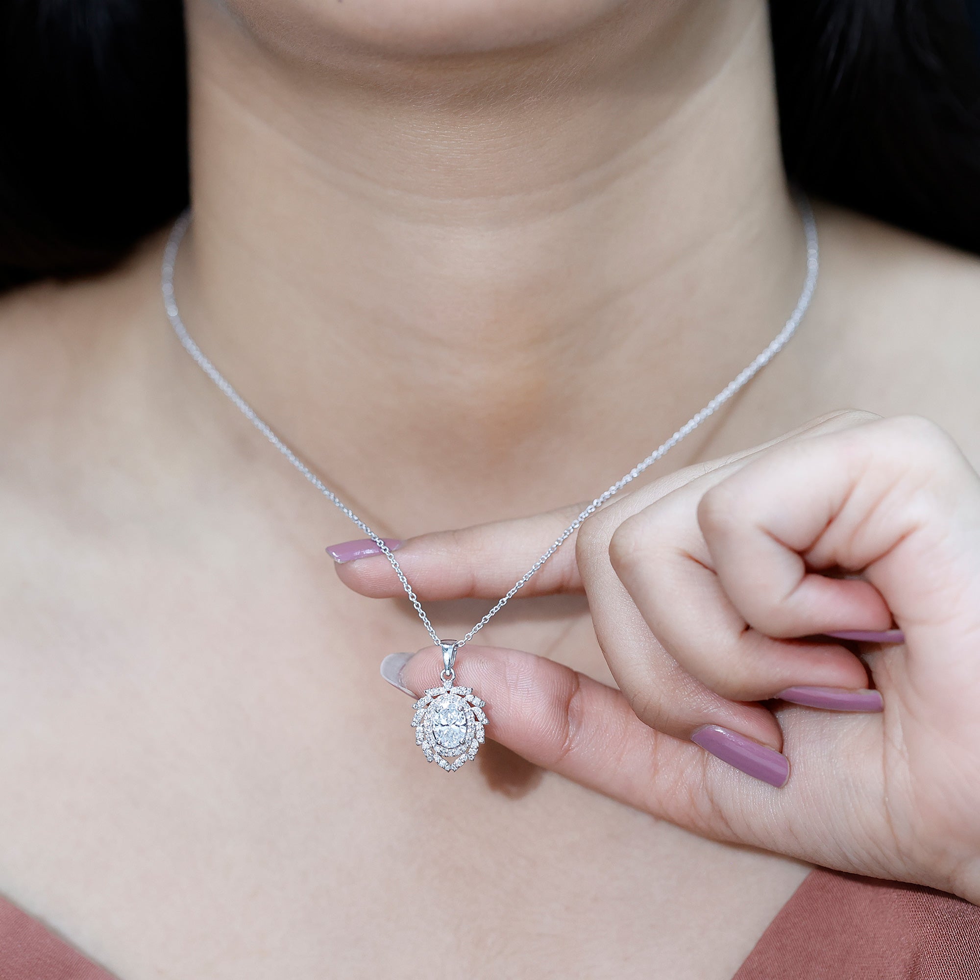6X8 MM Oval Lab Grown Diamond Vintage Necklace With Double Halo Lab - ( EF-VS ) - Rosec Jewels