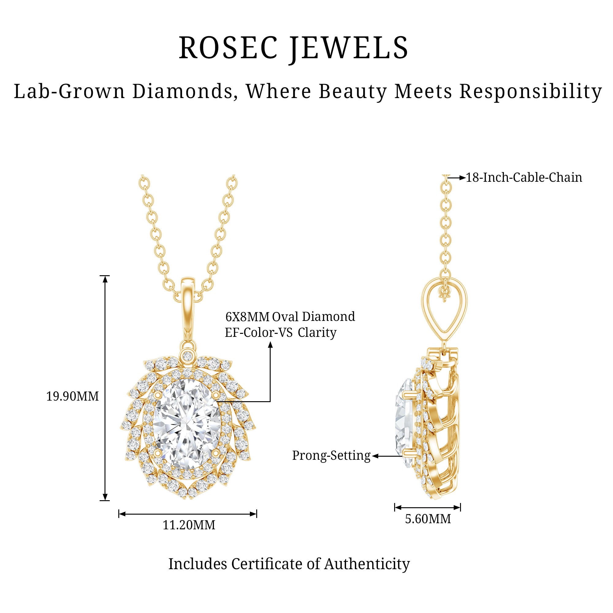 6X8 MM Oval Lab Grown Diamond Vintage Necklace With Double Halo Lab - ( EF-VS ) - Rosec Jewels