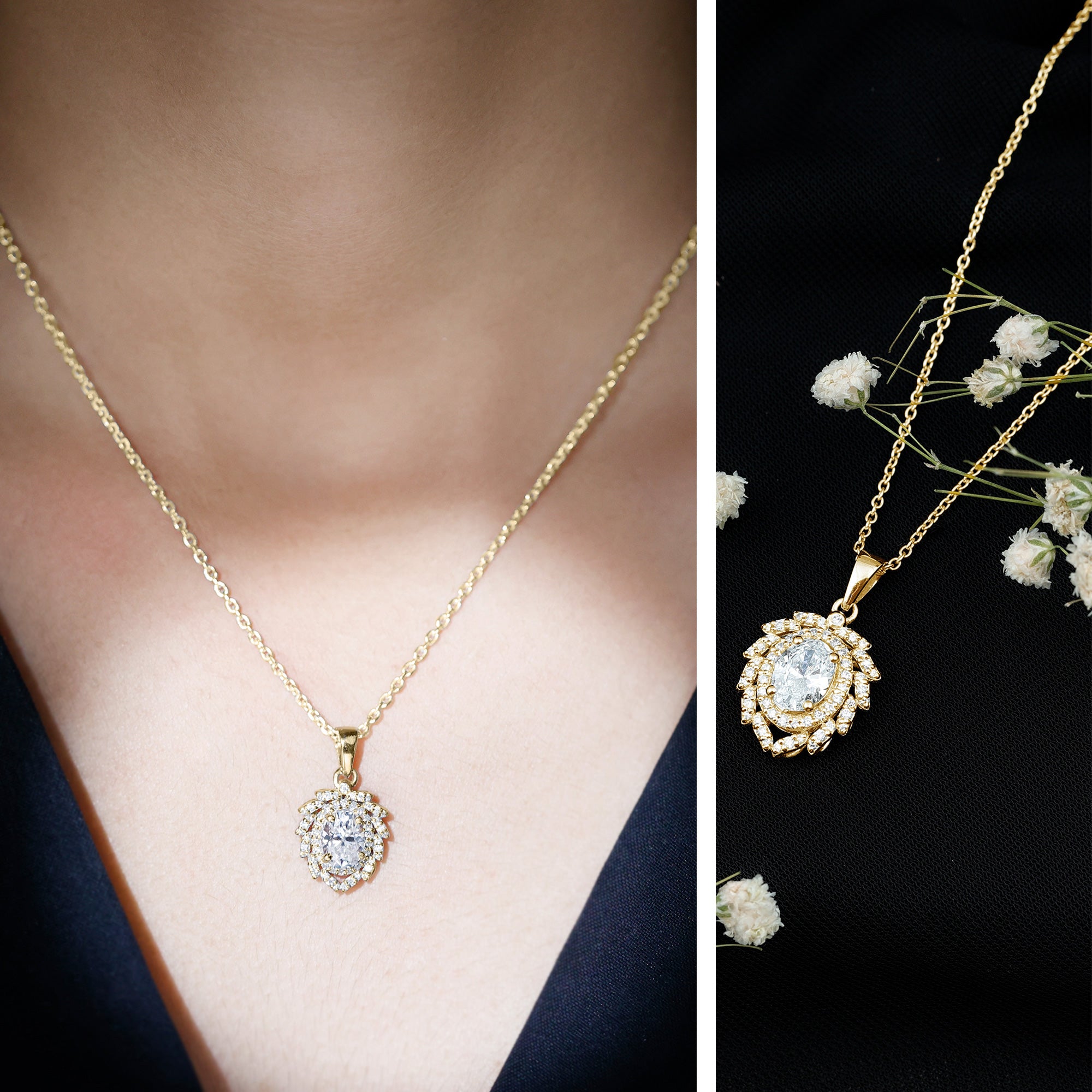 6X8 MM Oval Lab Grown Diamond Vintage Necklace With Double Halo Lab - ( EF-VS ) - Rosec Jewels