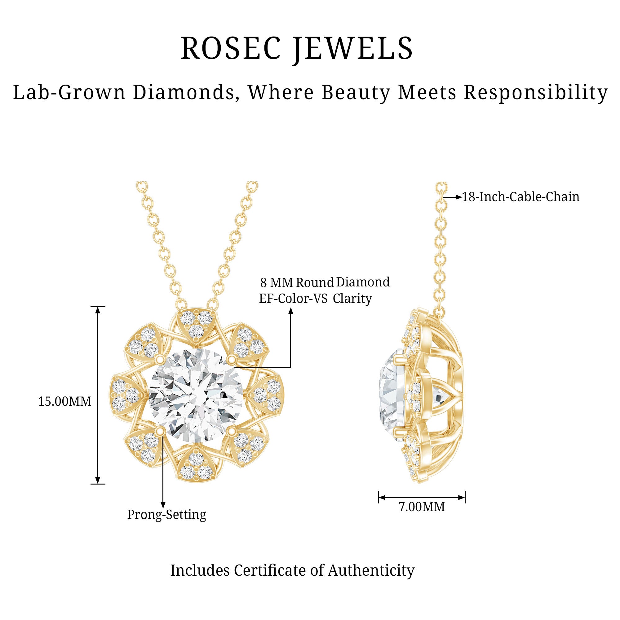 Certified 2 Carat Lab Grown Diamond Designer Solitaire Necklace Lab - ( EF-VS ) - Rosec Jewels