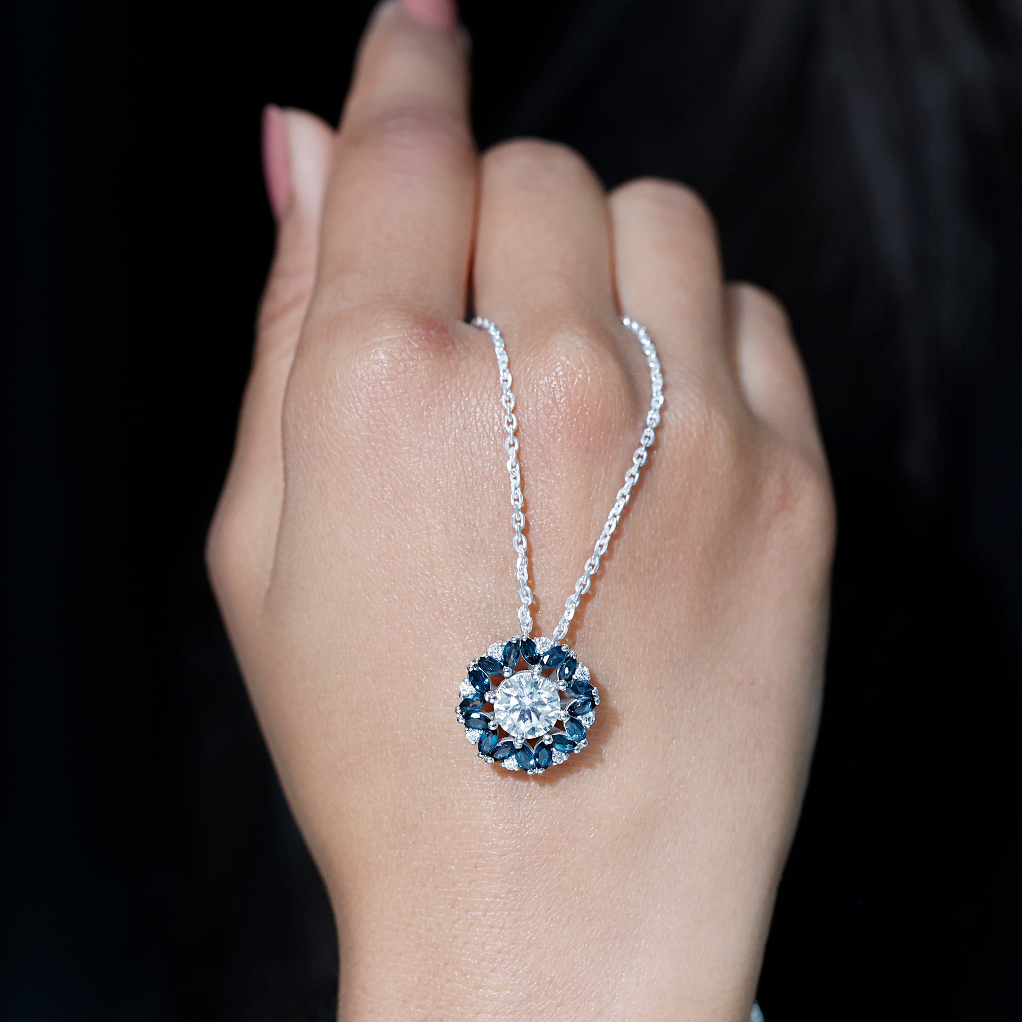 2 Carat Lab Grown Diamond Cocktail Necklace With London Blue Topaz Lab - ( EF-VS ) - Rosec Jewels