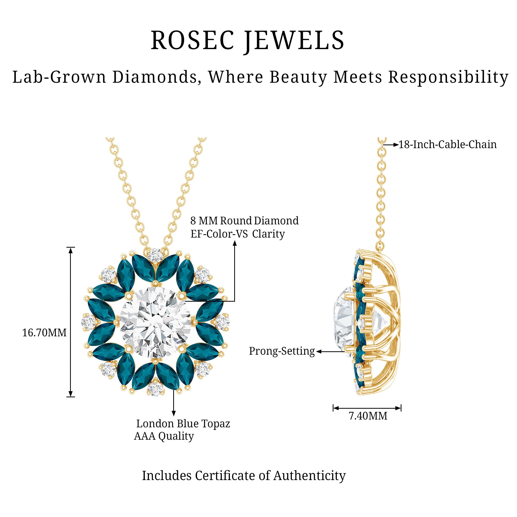 2 Carat Lab Grown Diamond Cocktail Necklace With London Blue Topaz Lab - ( EF-VS ) - Rosec Jewels