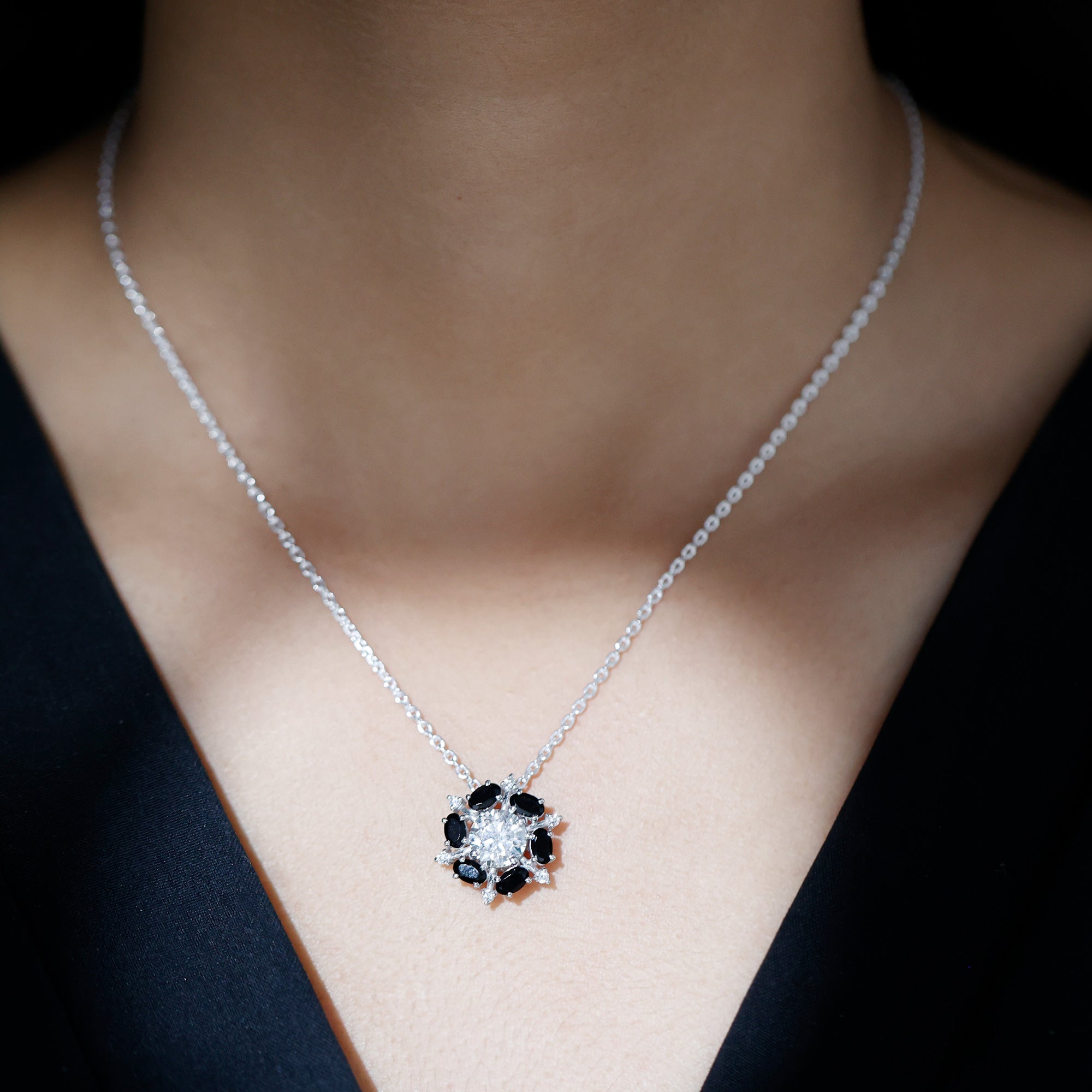 Lab Grown Diamond Cocktail Necklace With Black Onyx Lab - ( EF-VS ) - Rosec Jewels