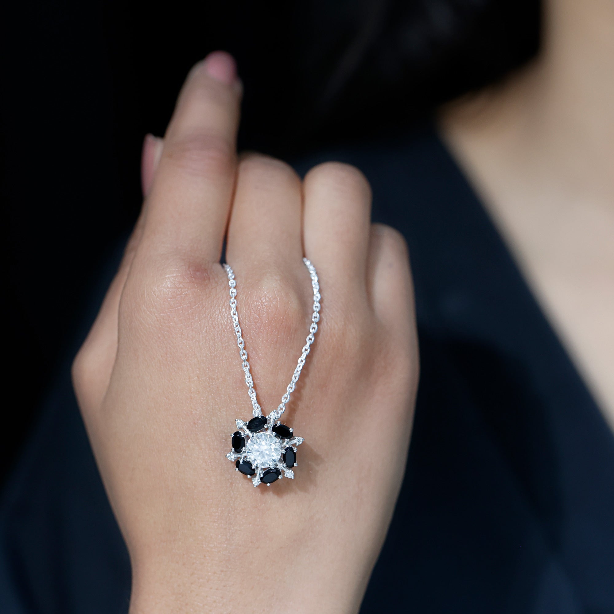 Lab Grown Diamond Cocktail Necklace With Black Onyx Lab - ( EF-VS ) - Rosec Jewels