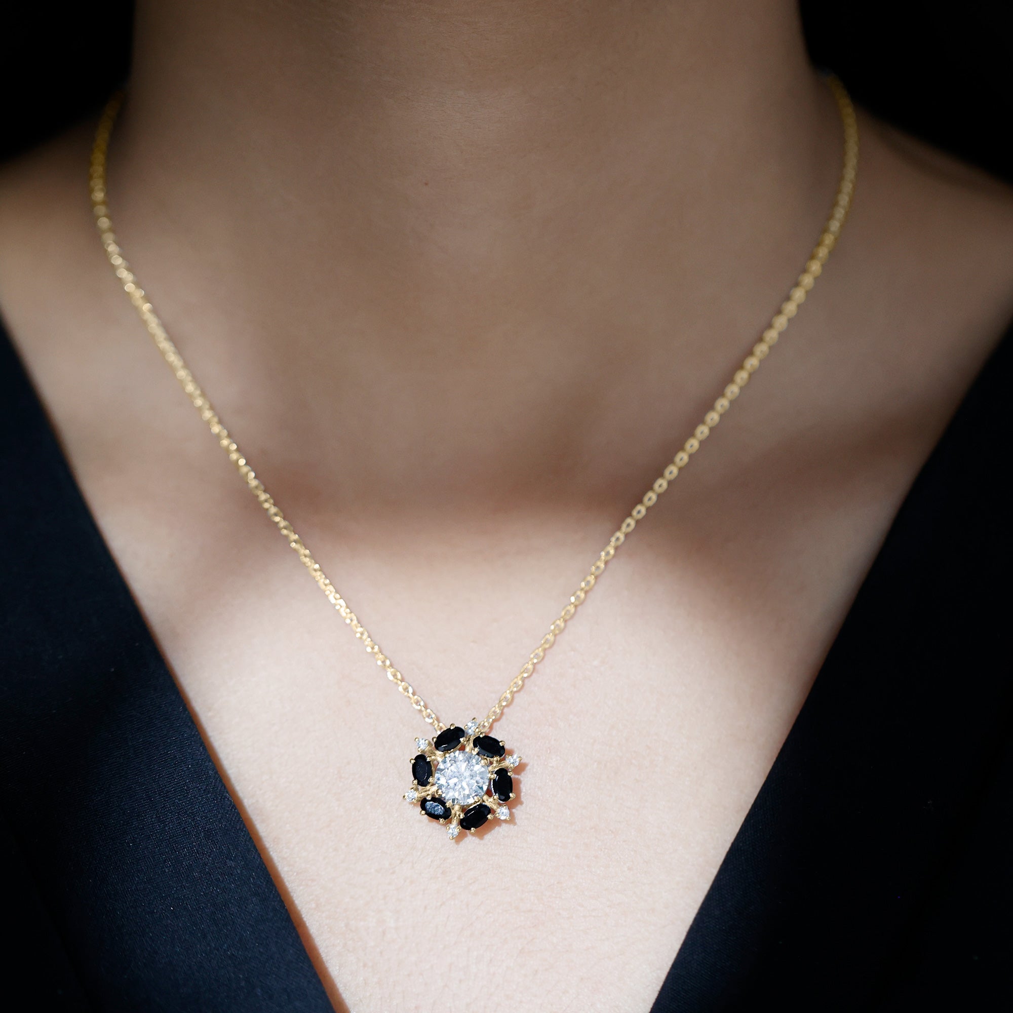 Lab Grown Diamond Cocktail Necklace With Black Onyx Lab - ( EF-VS ) - Rosec Jewels