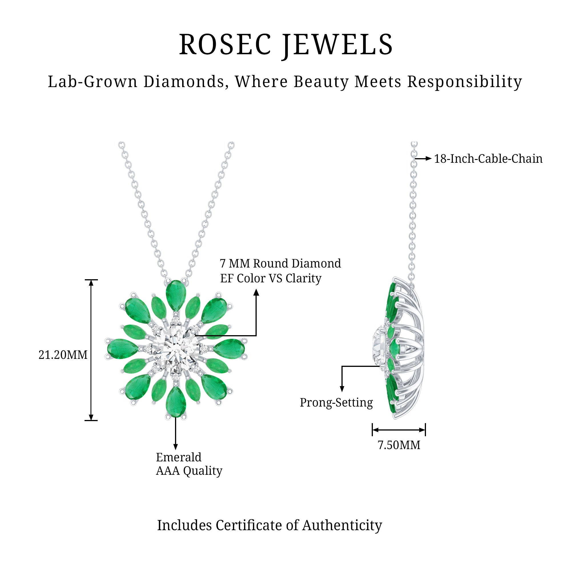 Certified 7 MM Lab Grown Diamond Statement Necklace With Emerald Lab - ( EF-VS ) - Rosec Jewels