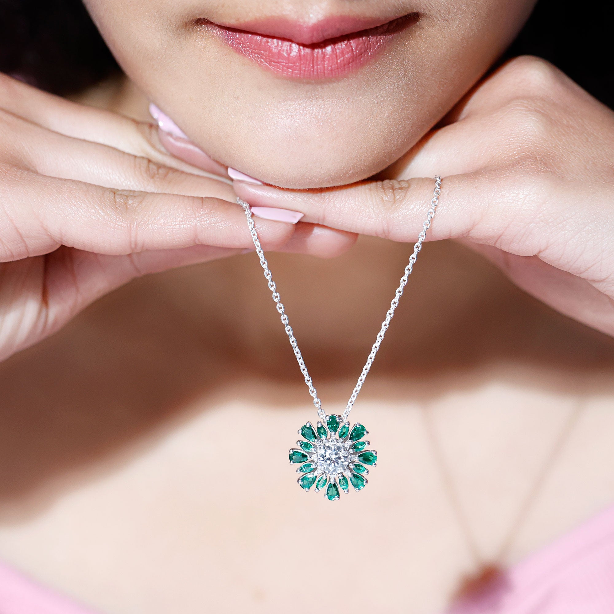 Certified 7 MM Lab Grown Diamond Statement Necklace With Emerald Lab - ( EF-VS ) - Rosec Jewels