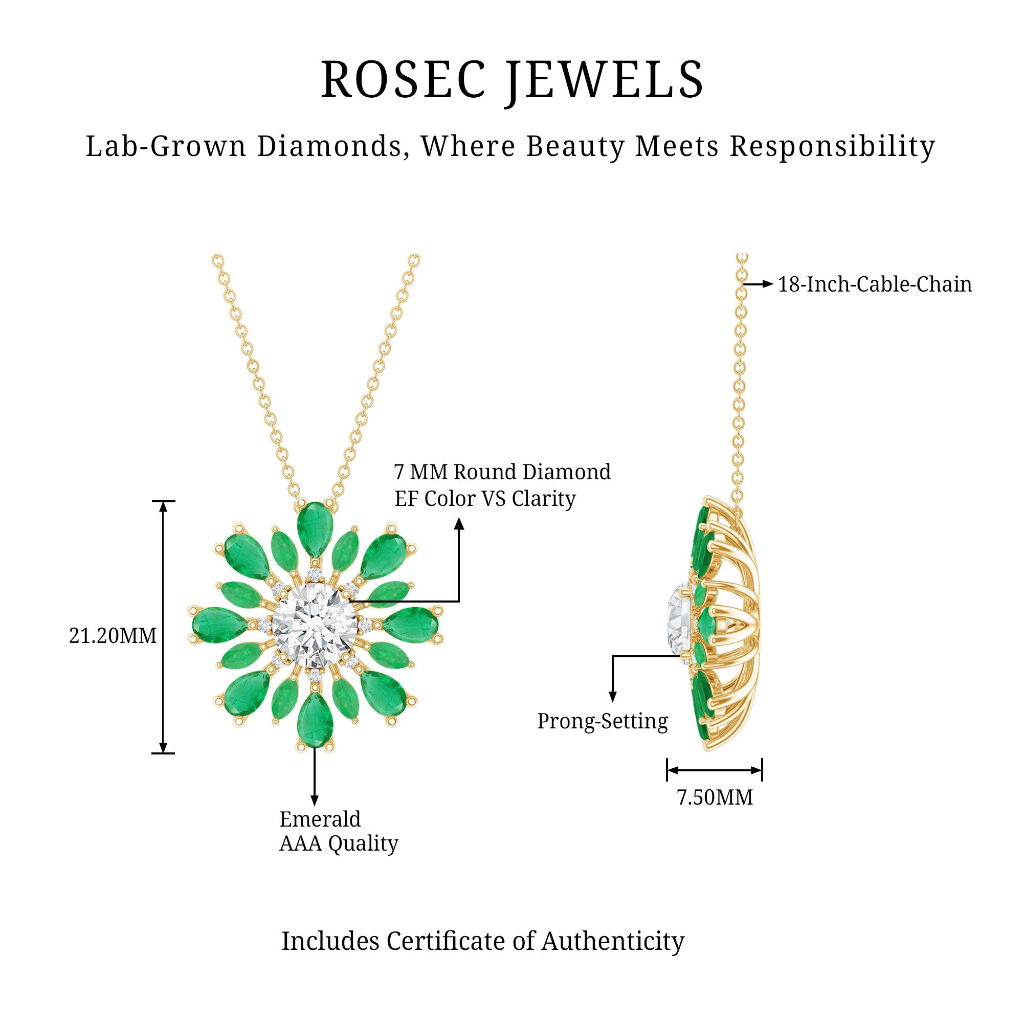 Certified 7 MM Lab Grown Diamond Statement Necklace With Emerald Lab - ( EF-VS ) - Rosec Jewels
