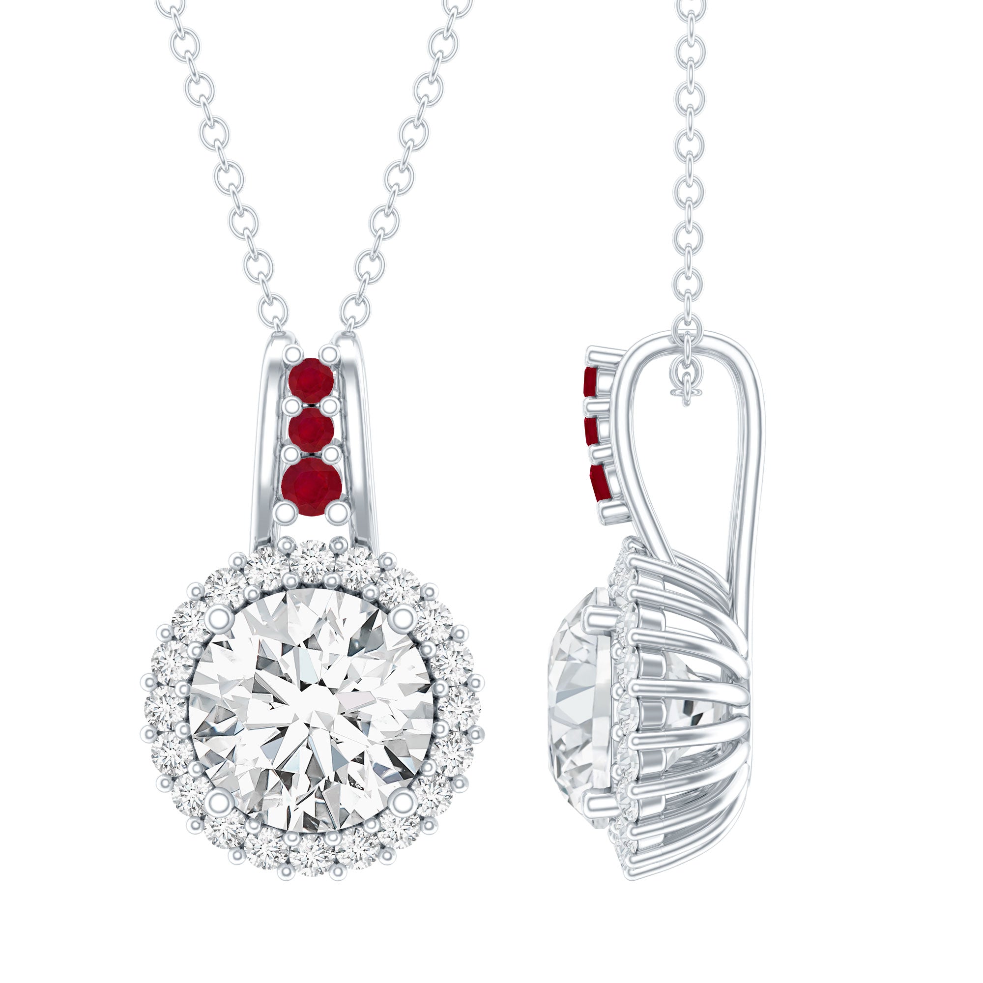 Certified MM Lab Grown Diamond Halo Necklace With Ruby Accent Bail Lab - ( EF-VS ) - Rosec Jewels