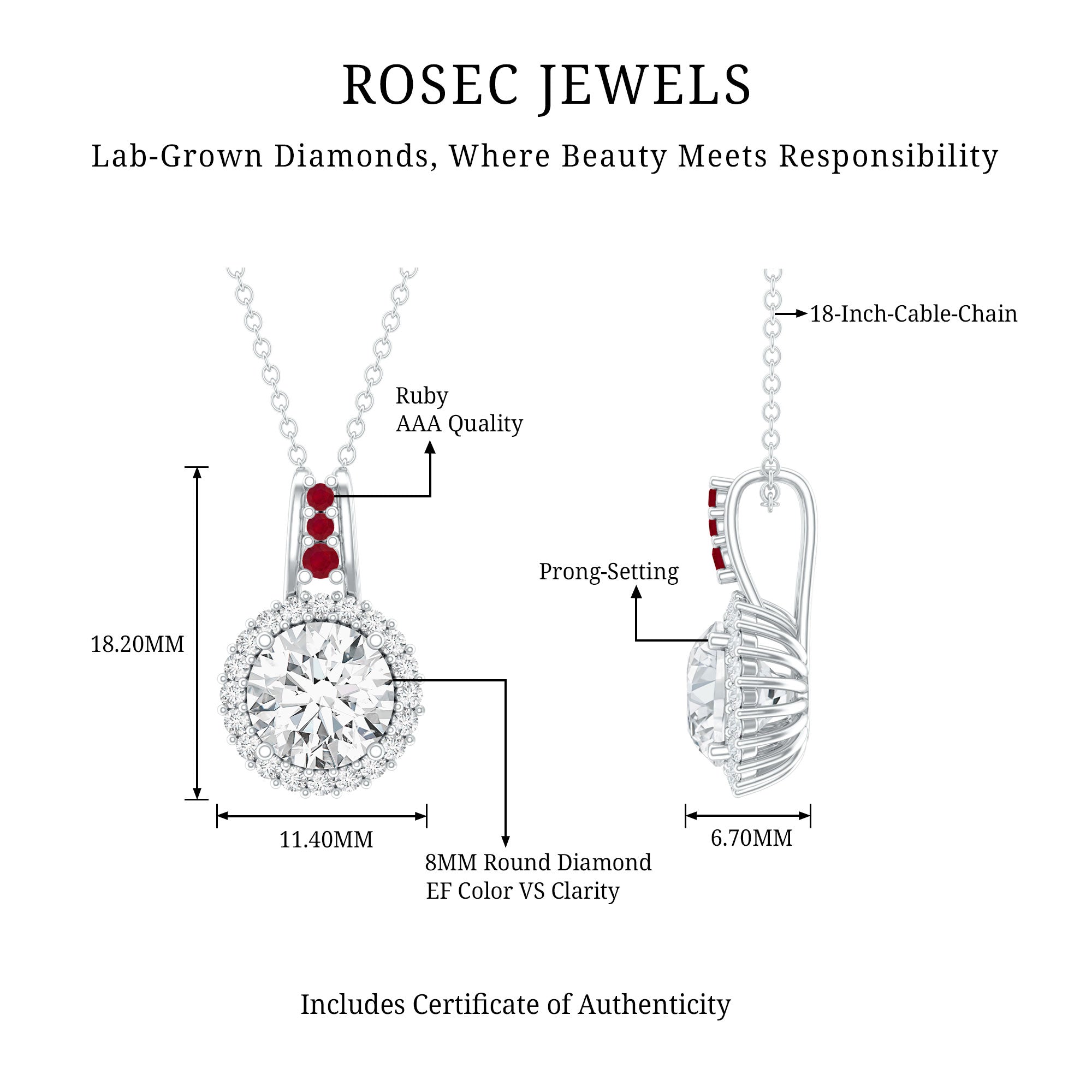 Certified MM Lab Grown Diamond Halo Necklace With Ruby Accent Bail Lab - ( EF-VS ) - Rosec Jewels