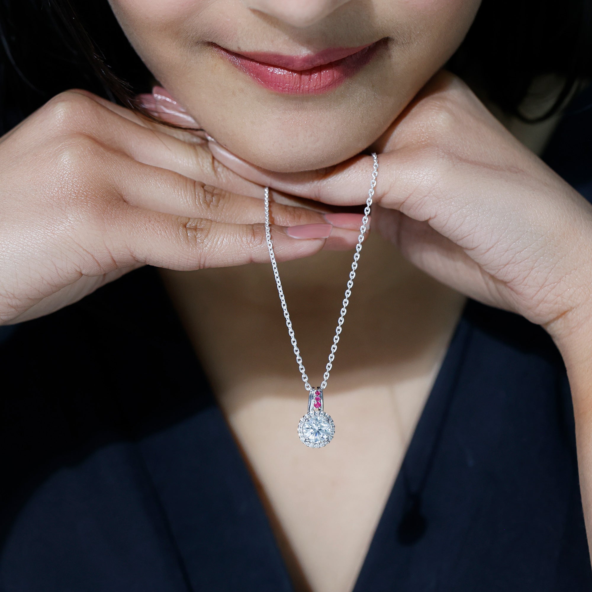 Certified MM Lab Grown Diamond Halo Necklace With Ruby Accent Bail Lab - ( EF-VS ) - Rosec Jewels