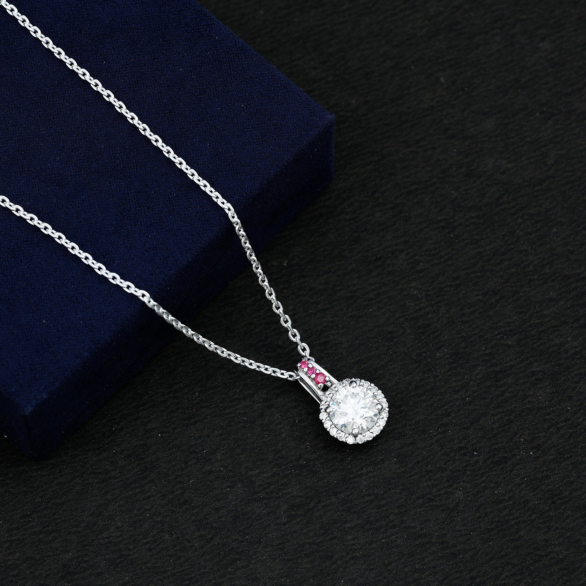 Certified MM Lab Grown Diamond Halo Necklace With Ruby Accent Bail Lab - ( EF-VS ) - Rosec Jewels