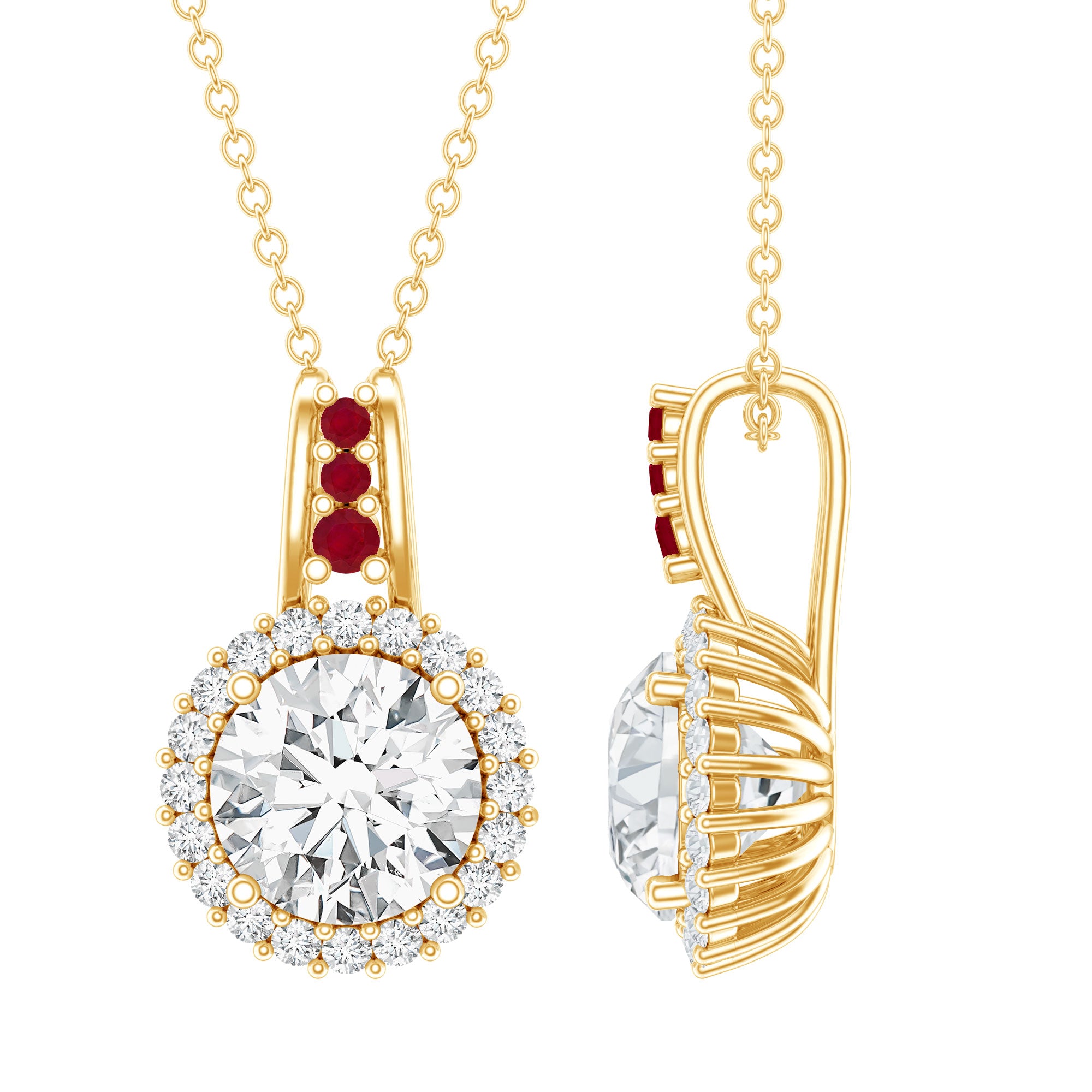 Certified MM Lab Grown Diamond Halo Necklace With Ruby Accent Bail Lab - ( EF-VS ) - Rosec Jewels