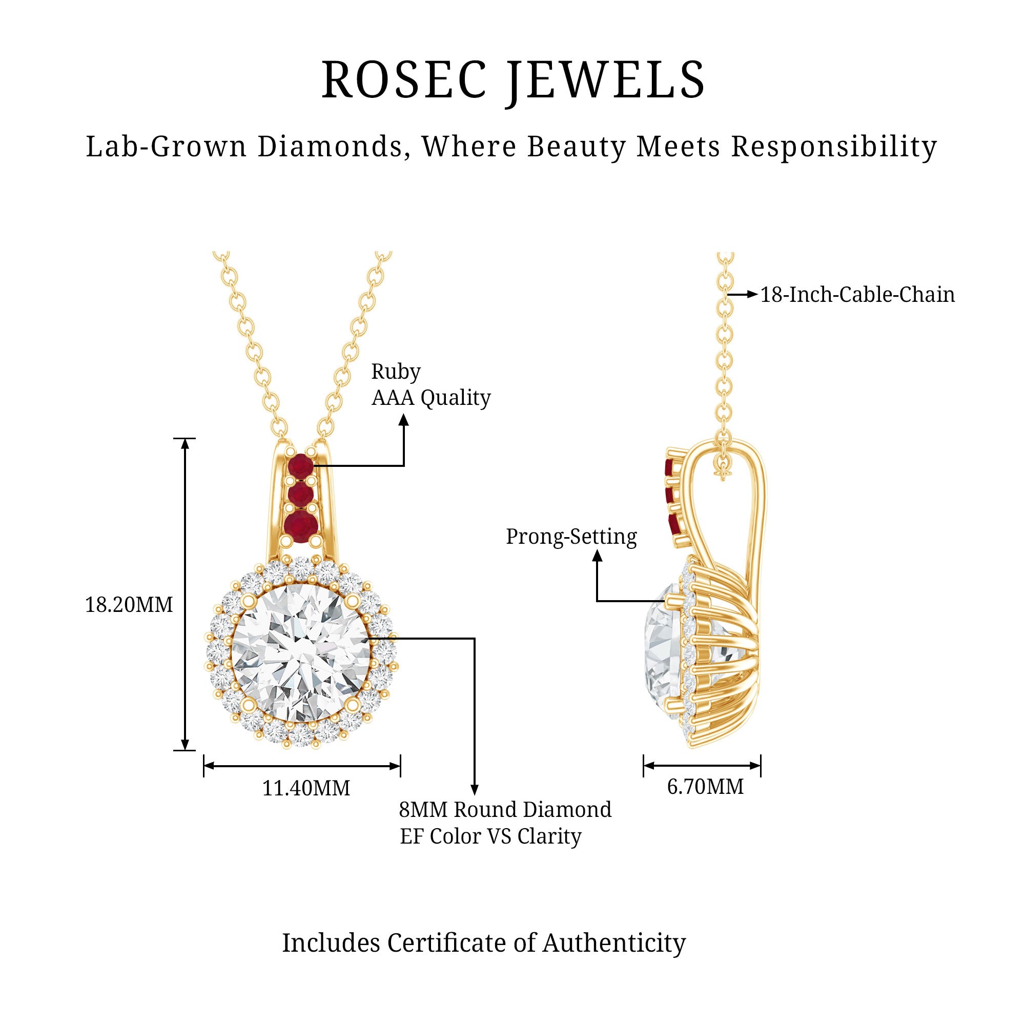 Certified MM Lab Grown Diamond Halo Necklace With Ruby Accent Bail Lab - ( EF-VS ) - Rosec Jewels